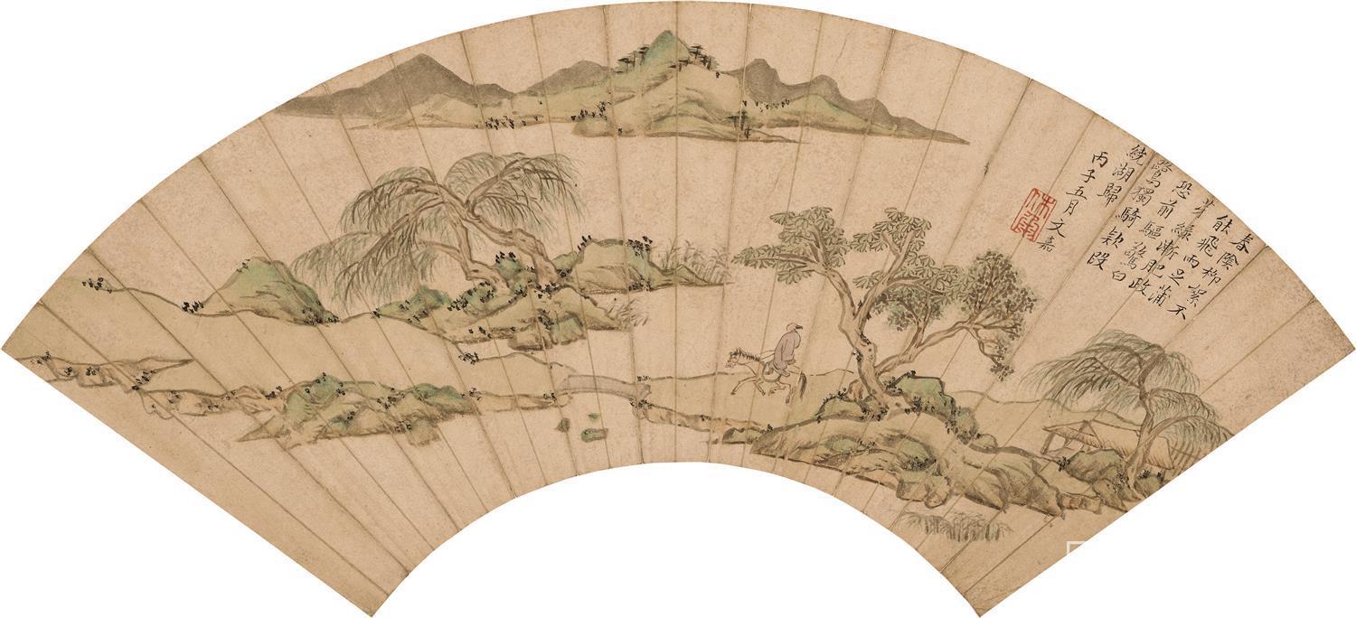 国画-春岸归骑图扇面