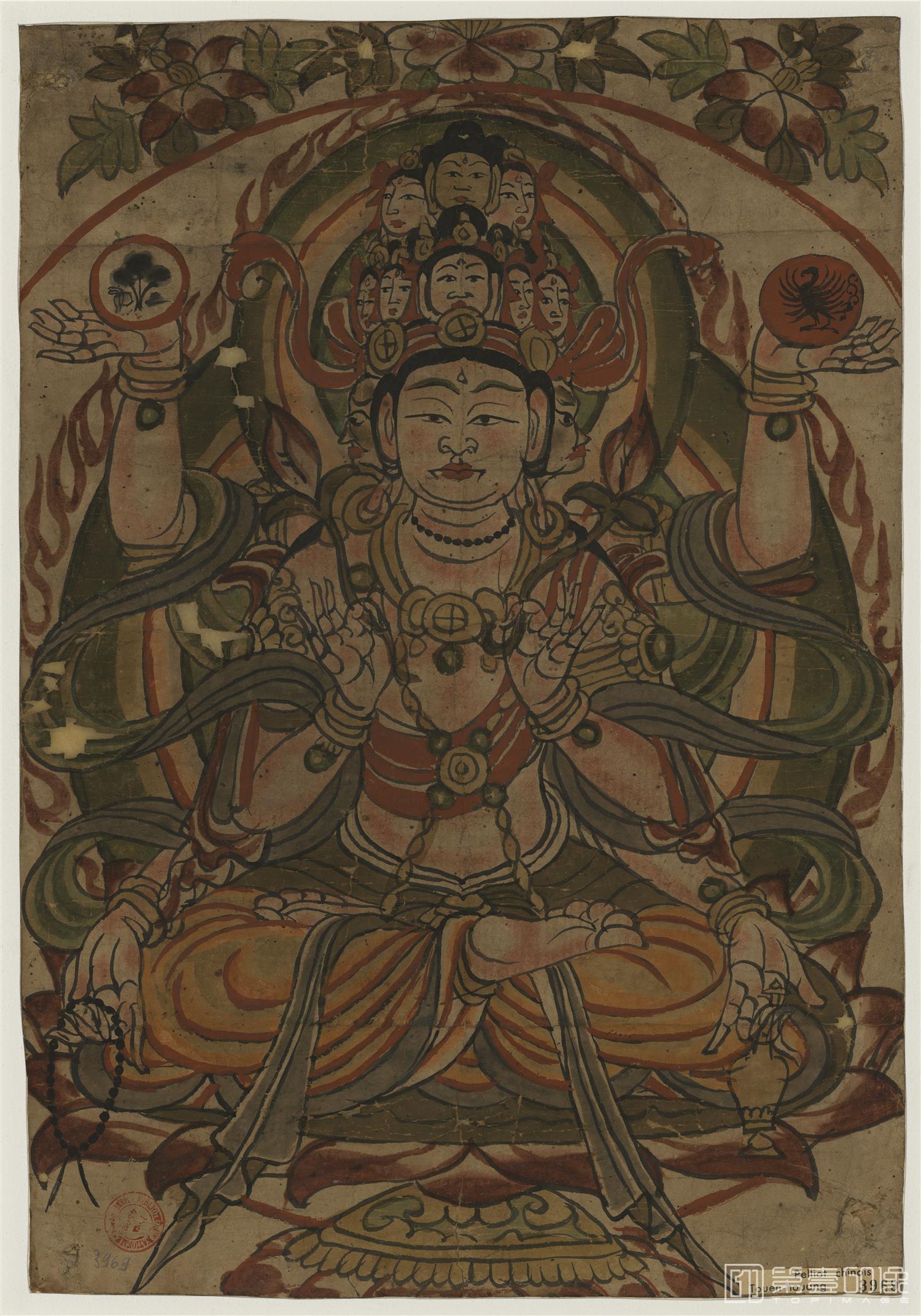 壁画-敦煌莫高窟-遗书-壁画-彩绘-六臂十一头观音像纸本着色-46.3×32cm
