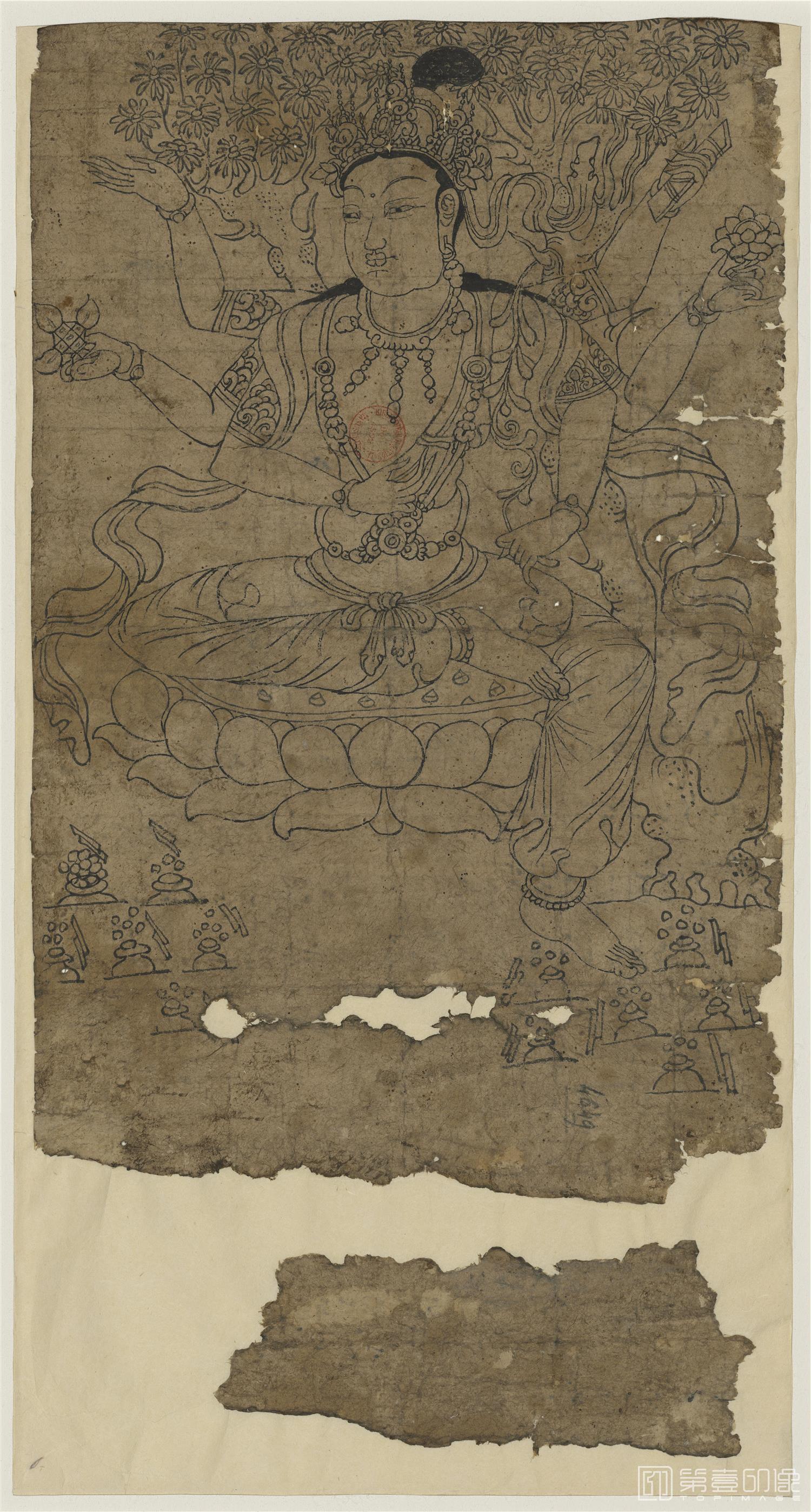 壁画-敦煌莫高窟-遗书-壁画-线描六臂菩萨像纸本正面-46.5x29.5cm-01