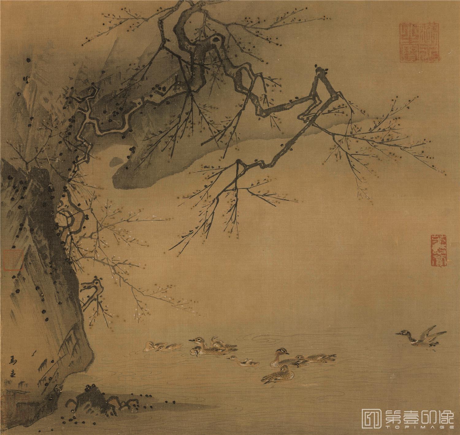 国画-梅石溪凫-49X52cm