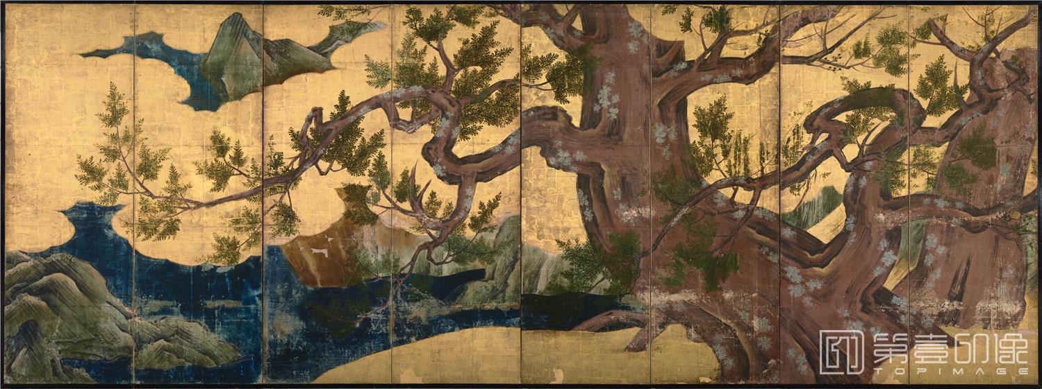水粉画-日本安土桃山时代-狩野永德-桧图屏风-170×460.5cm