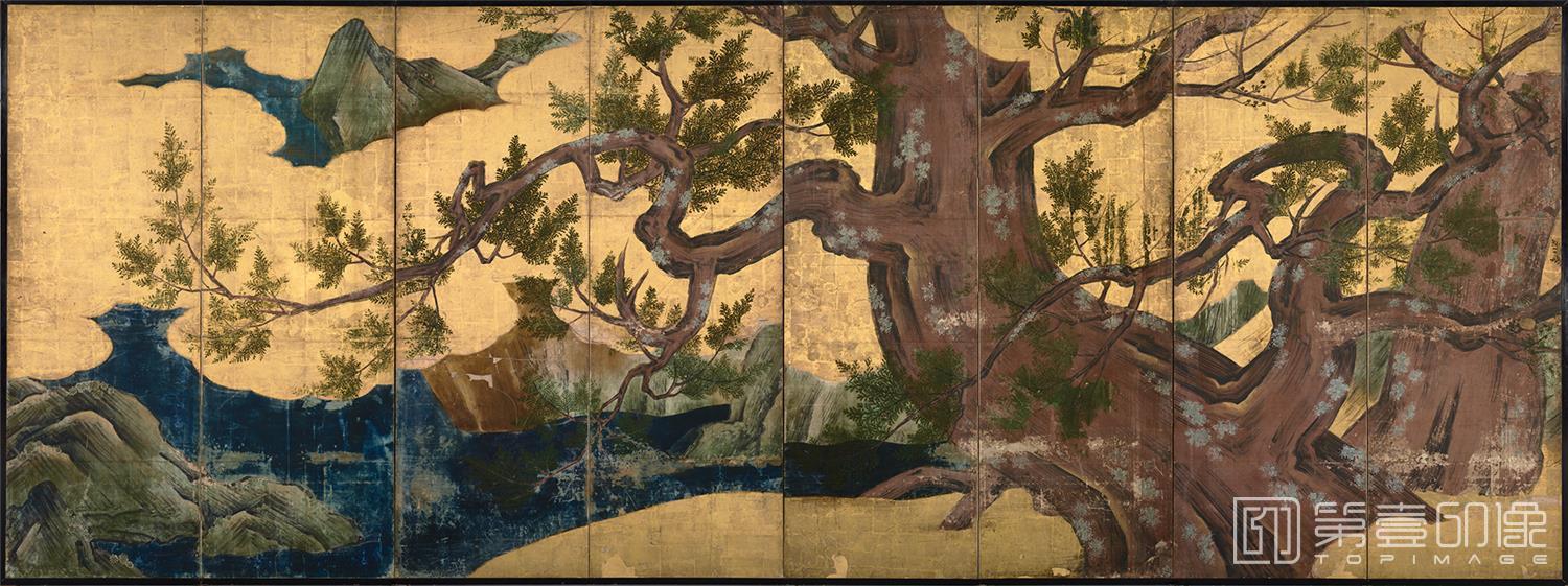 水粉画-日本安土桃山时代-狩野永德-桧图屏风-170×460.5cm-副本