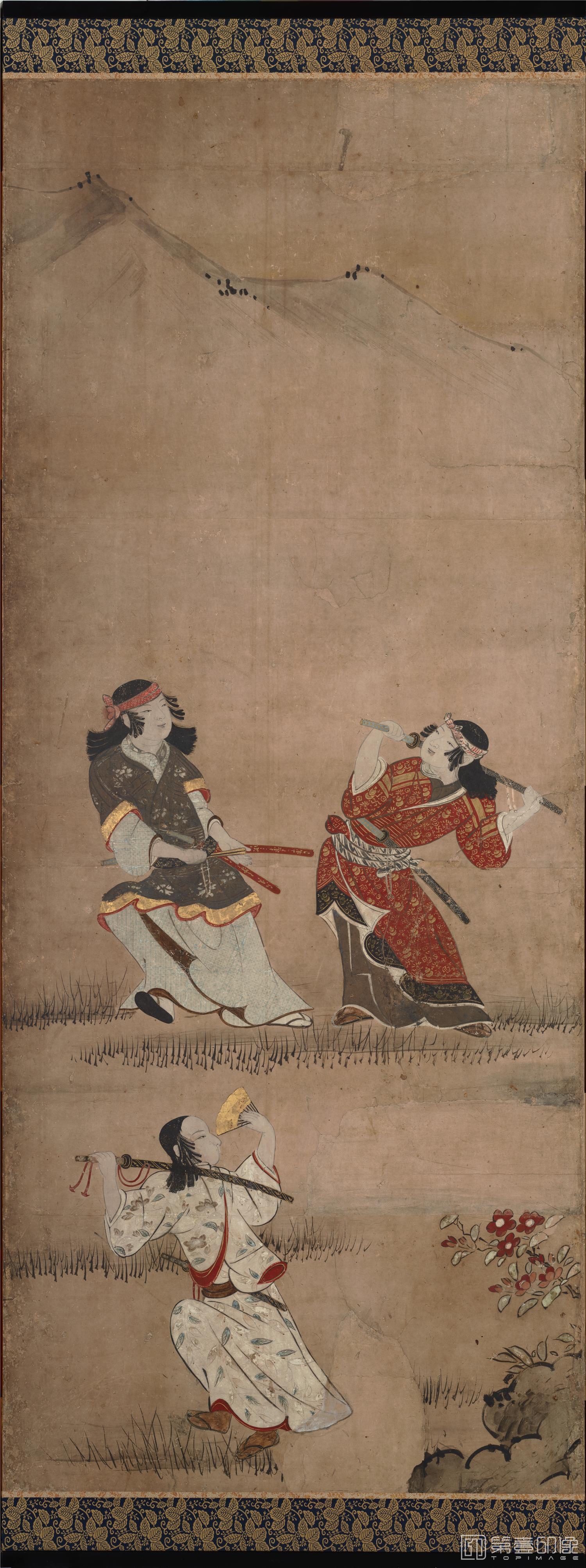 水彩画-日本安土桃山时代-狩野长信-花下游乐图屏风纸本-第一分屏-148×355cm-02
