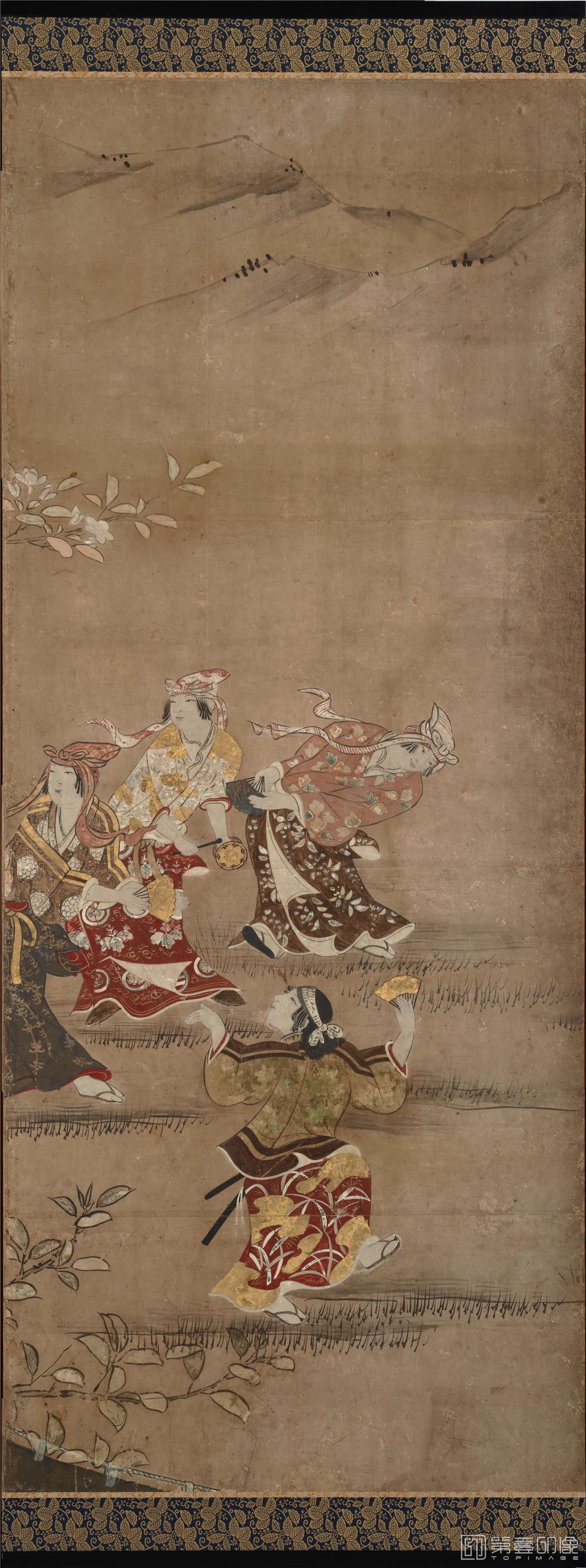 水彩画-日本安土桃山时代-狩野长信-花下游乐图屏风纸本-第一分屏-148×355cm-03