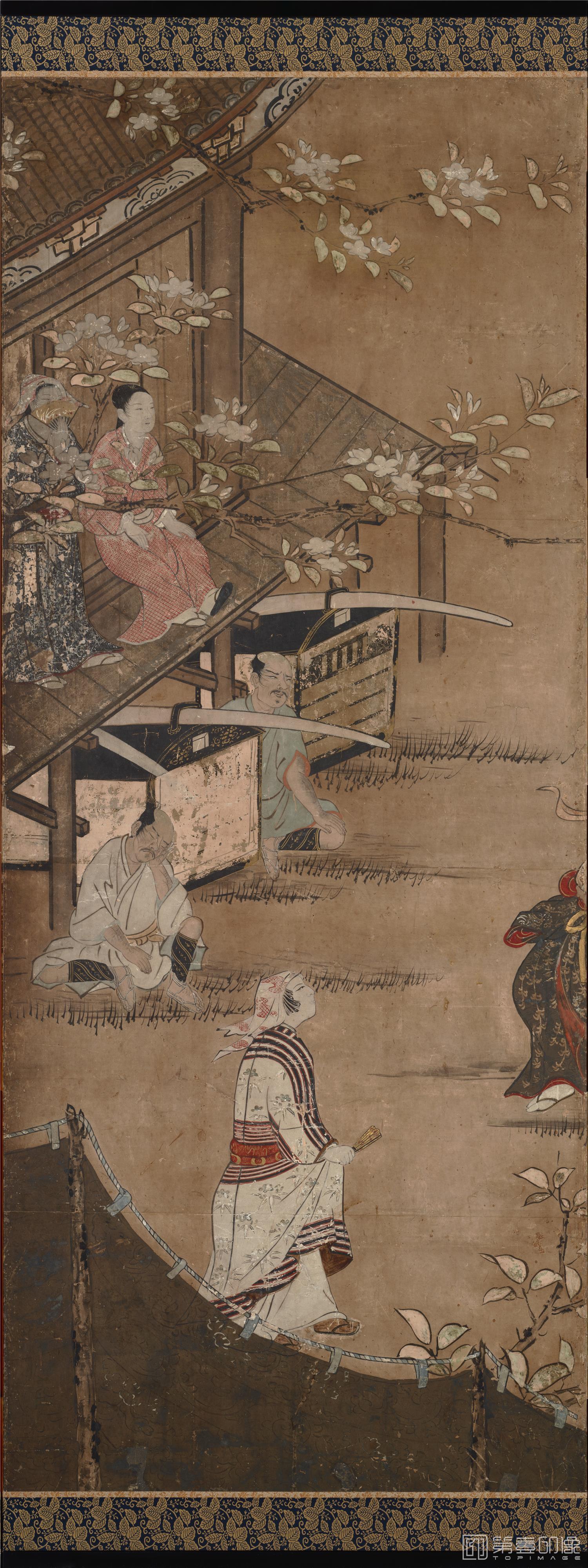 水彩画-日本安土桃山时代-狩野长信-花下游乐图屏风纸本-第一分屏-148×355cm-04