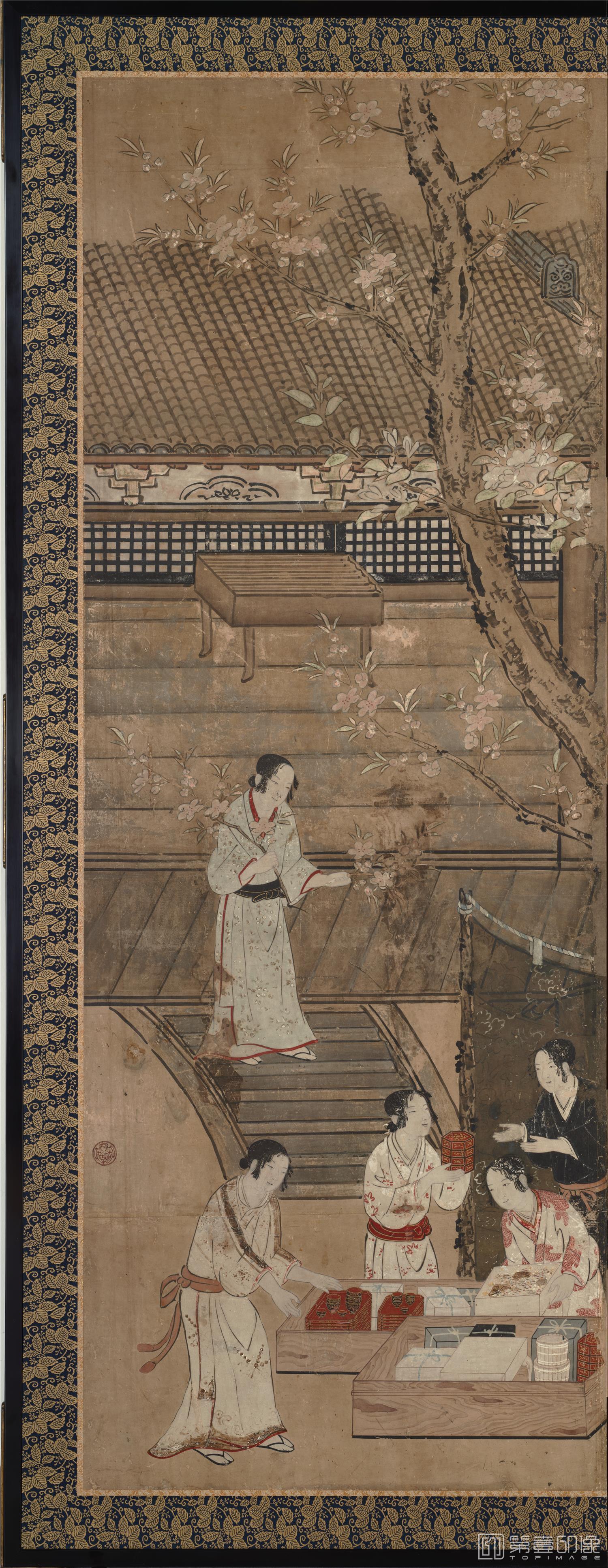 水彩画-日本安土桃山时代-狩野长信-花下游乐图屏风纸本-第一分屏-148×355cm-06