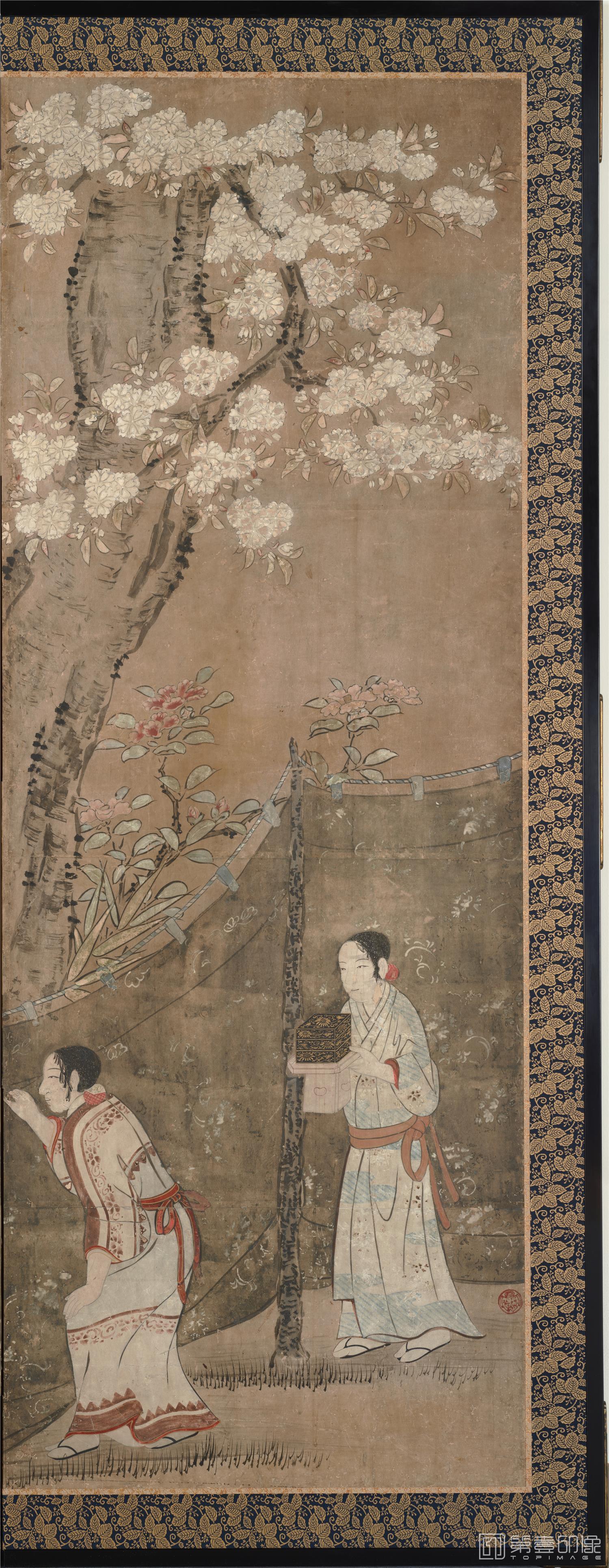 水彩画-日本安土桃山时代-狩野长信-花下游乐图屏风纸本-第二分屏-148×355cm-01