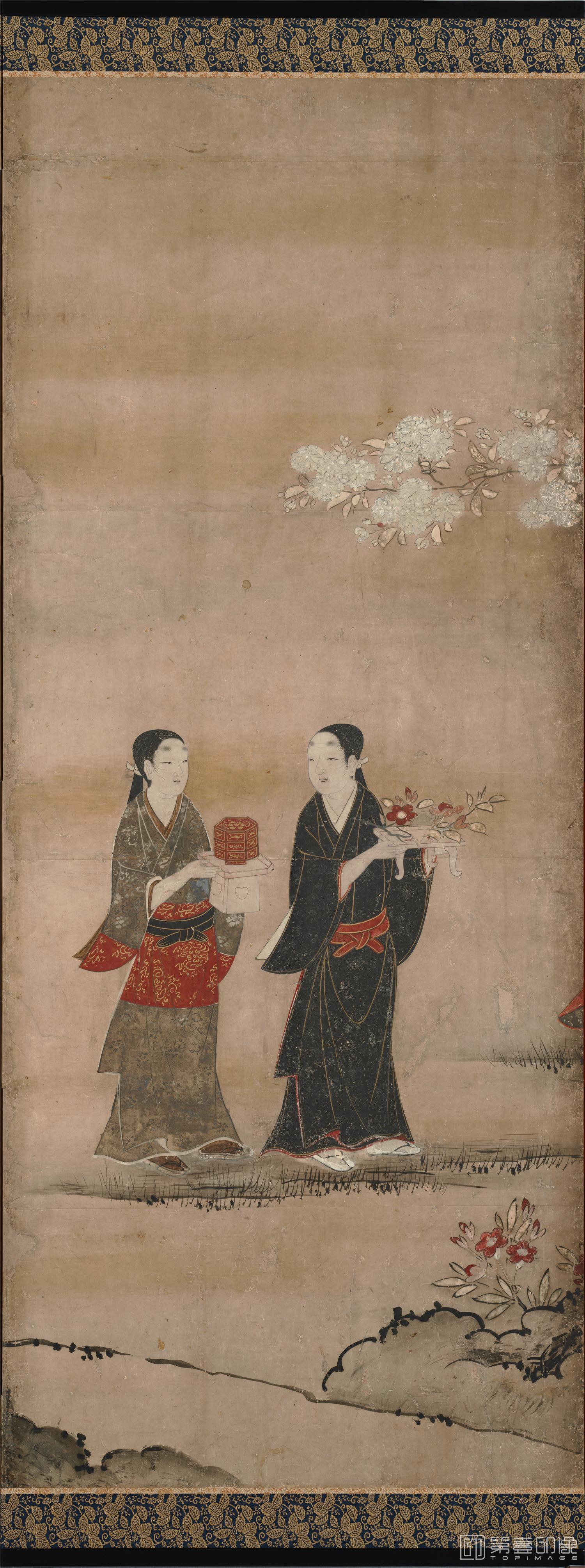 水彩画-日本安土桃山时代-狩野长信-花下游乐图屏风纸本-第二分屏-148×355cm-05