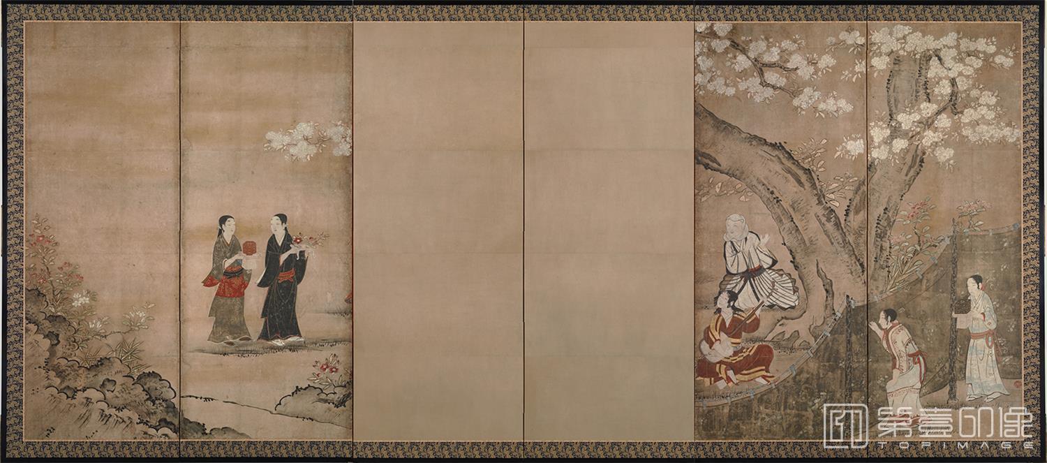 水彩画-日本安土桃山时代-狩野长信-花下游乐图屏风纸本-第二扇-148×355cm-副本