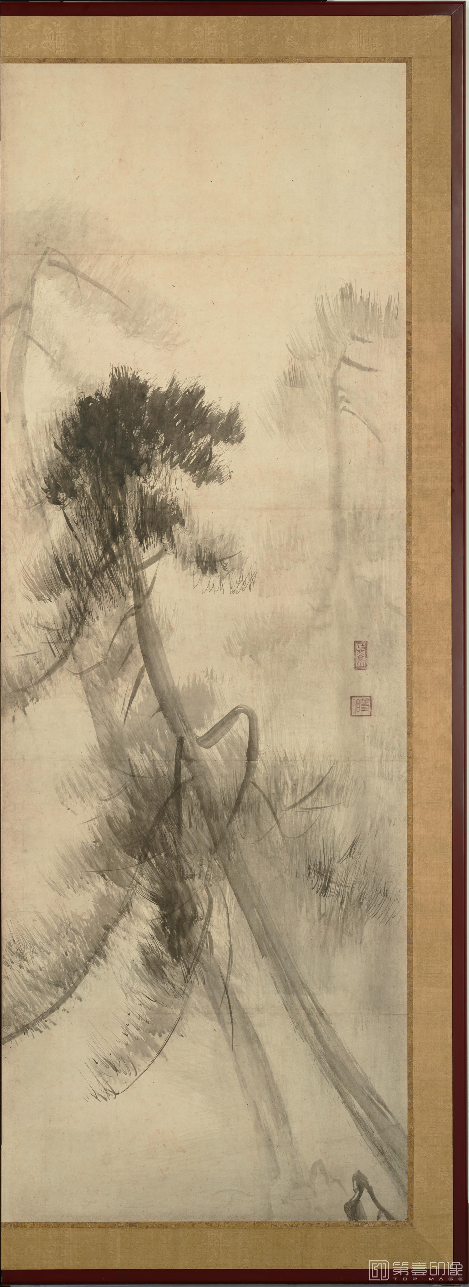 水彩画-日本安土桃山时代-长谷川-松林图屏风纸本-第二屏分段-156.8x356cm-01