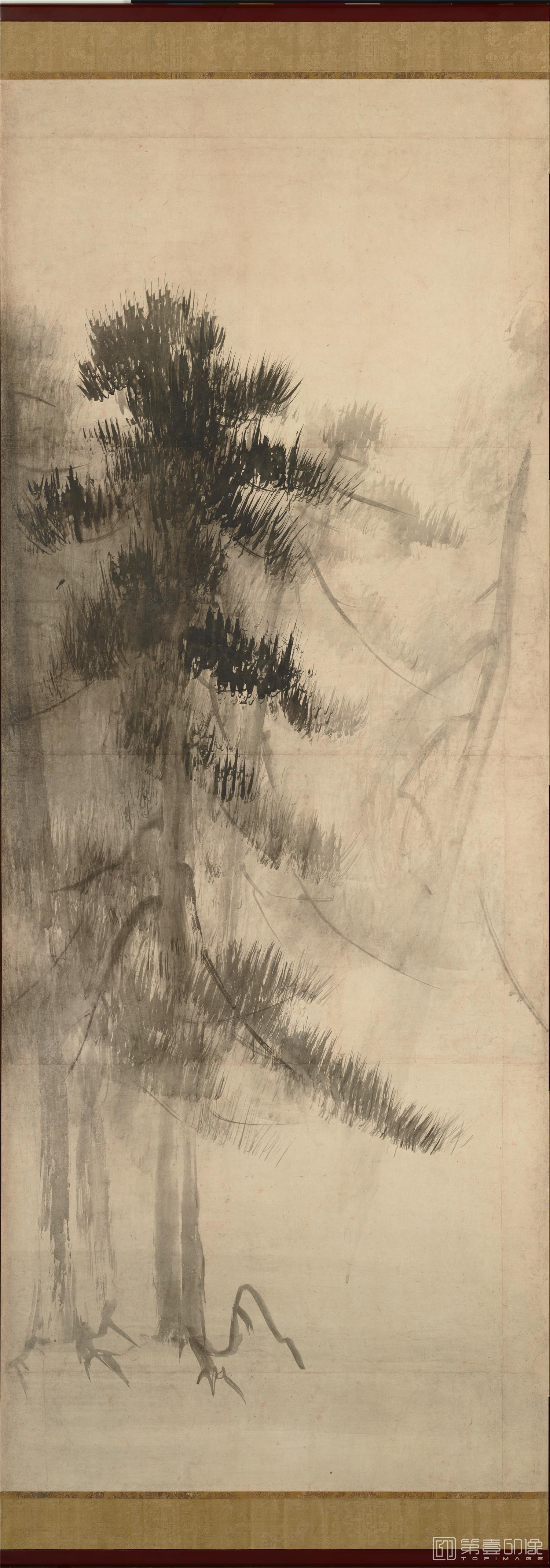 水彩画-日本安土桃山时代-长谷川-松林图屏风纸本-第二屏分段-156.8x356cm-04