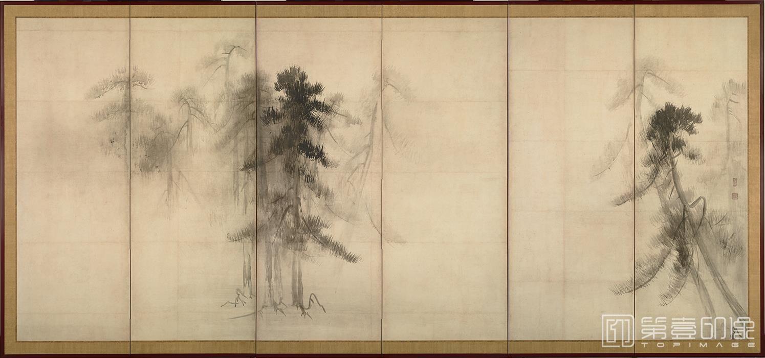 水彩画-日本安土桃山时代-长谷川-松林图屏风纸本-第二屏-156.8x356cm-副本