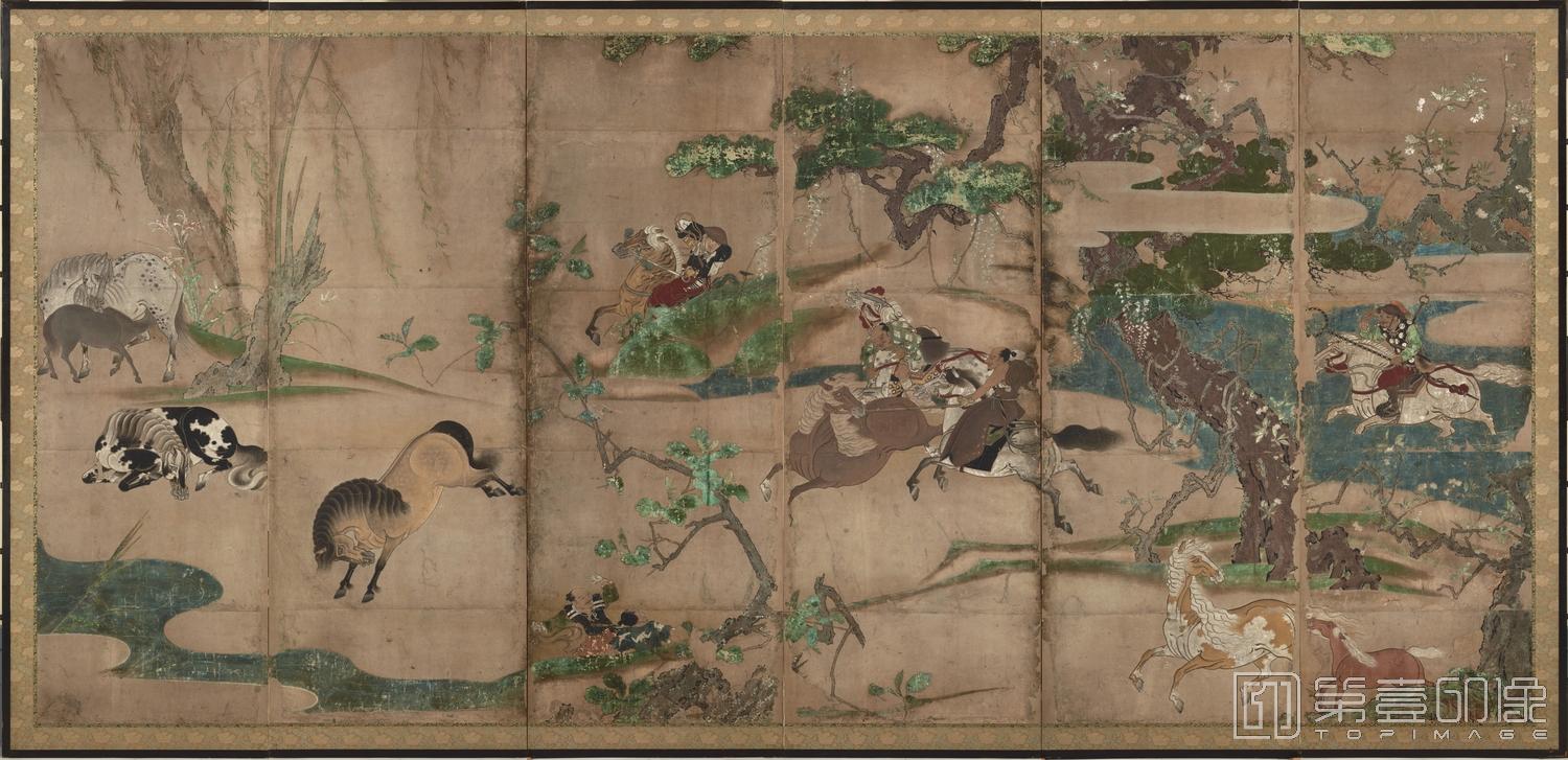 水彩画-日本安土桃山时代-长谷川-牧马图屏风第二屏纸本-156.6×342.5cm-01