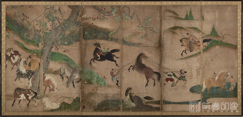 水彩画-日本安土桃山时代-长谷川-牧马图屏风第一屏纸本-156.6×342.5cm-02