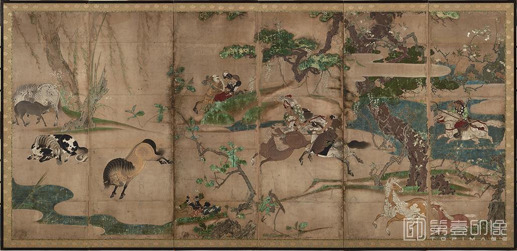 水彩画-日本安土桃山时代-长谷川-牧马图屏风第二屏纸本-156.6×342.5cm-02