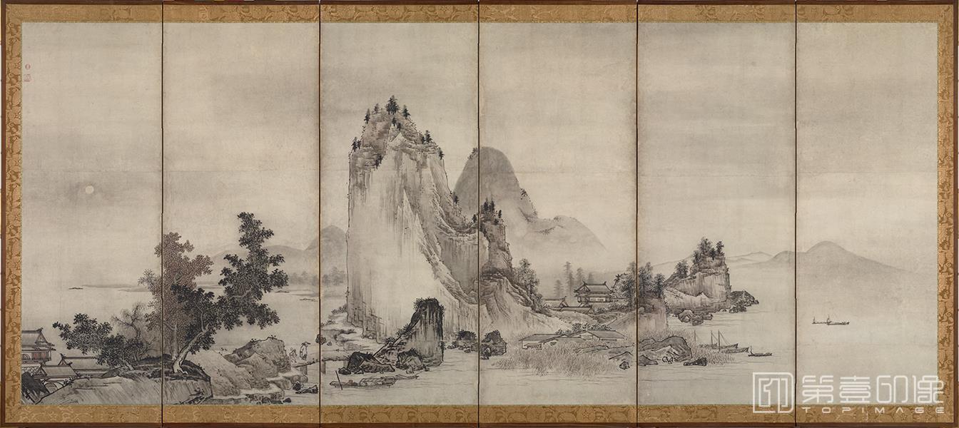 水彩画-日本安土桃山-云谷等颜-山水图屏风纸本-第二屏-151.1x359.0cm