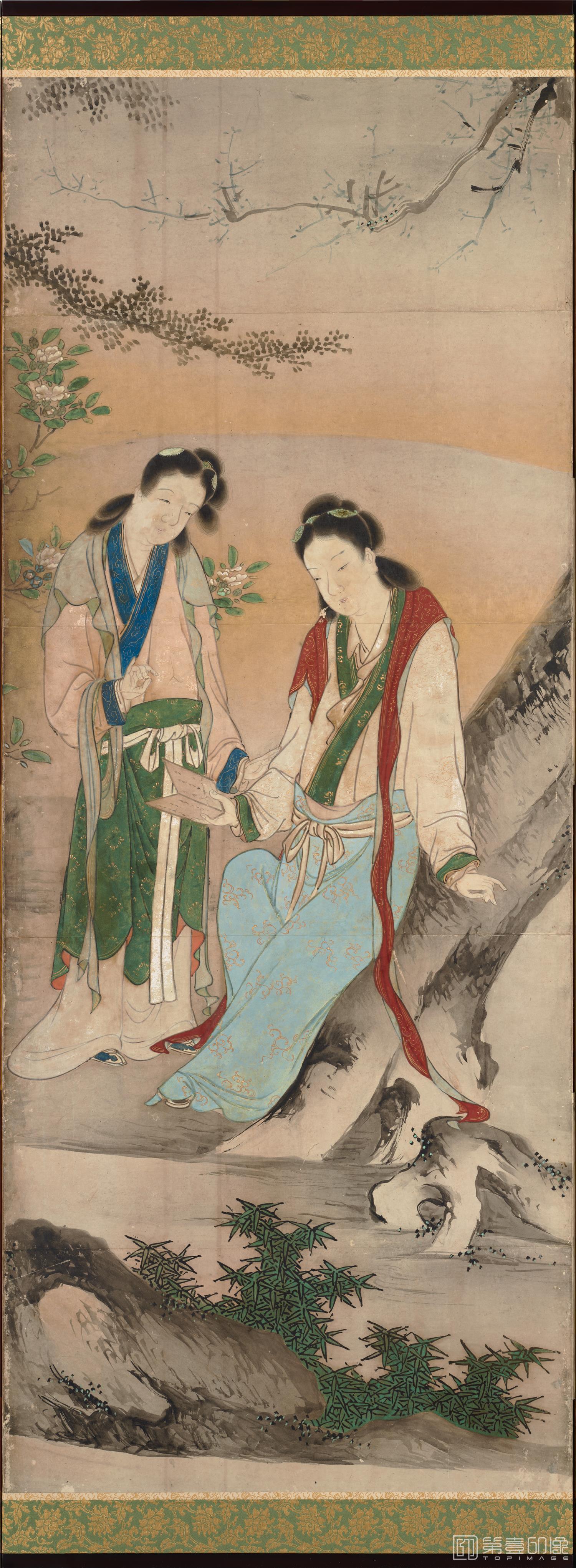 水彩画-日本安土桃山-海北友松-琴棋书画图屏风-1屏分段-154.0×358cm-04