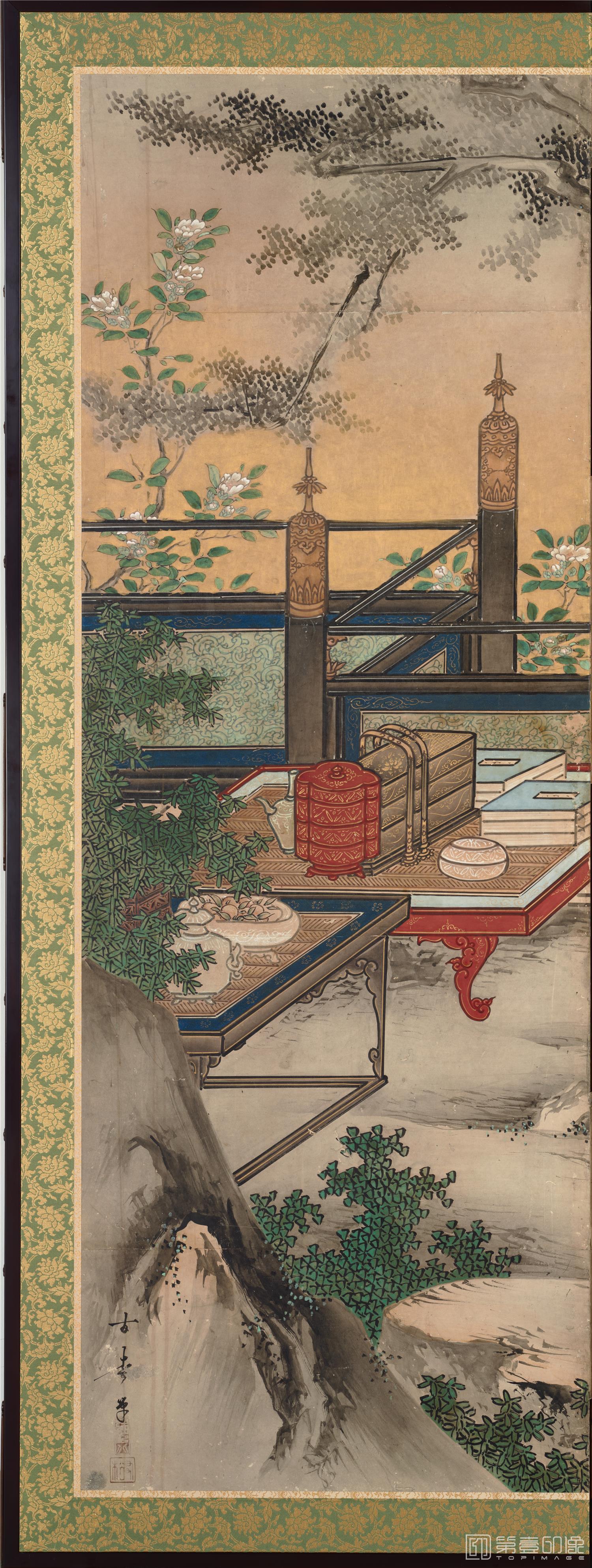 水彩画-日本安土桃山-海北友松-琴棋书画图屏风-1屏分段-154.0×358cm-06