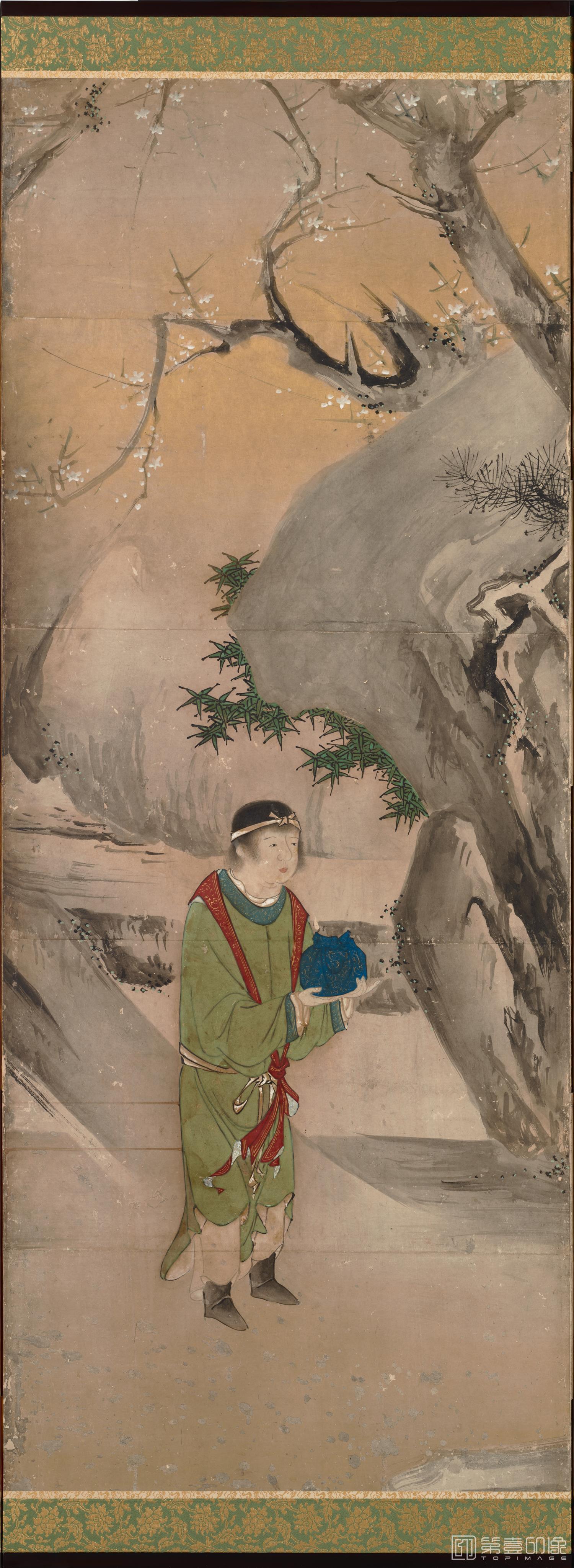 水彩画-日本安土桃山-海北友松-琴棋书画图屏风-2屏分段-154.0×358cm-04