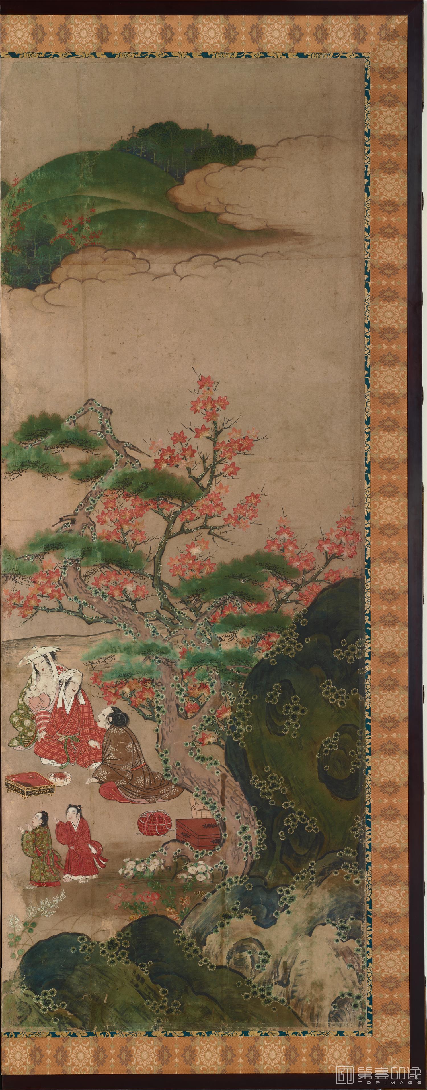 水彩画-日本安土桃山-狩野秀赖-观枫图屏风纸本着色-分屏-150.2×365.5cm-01