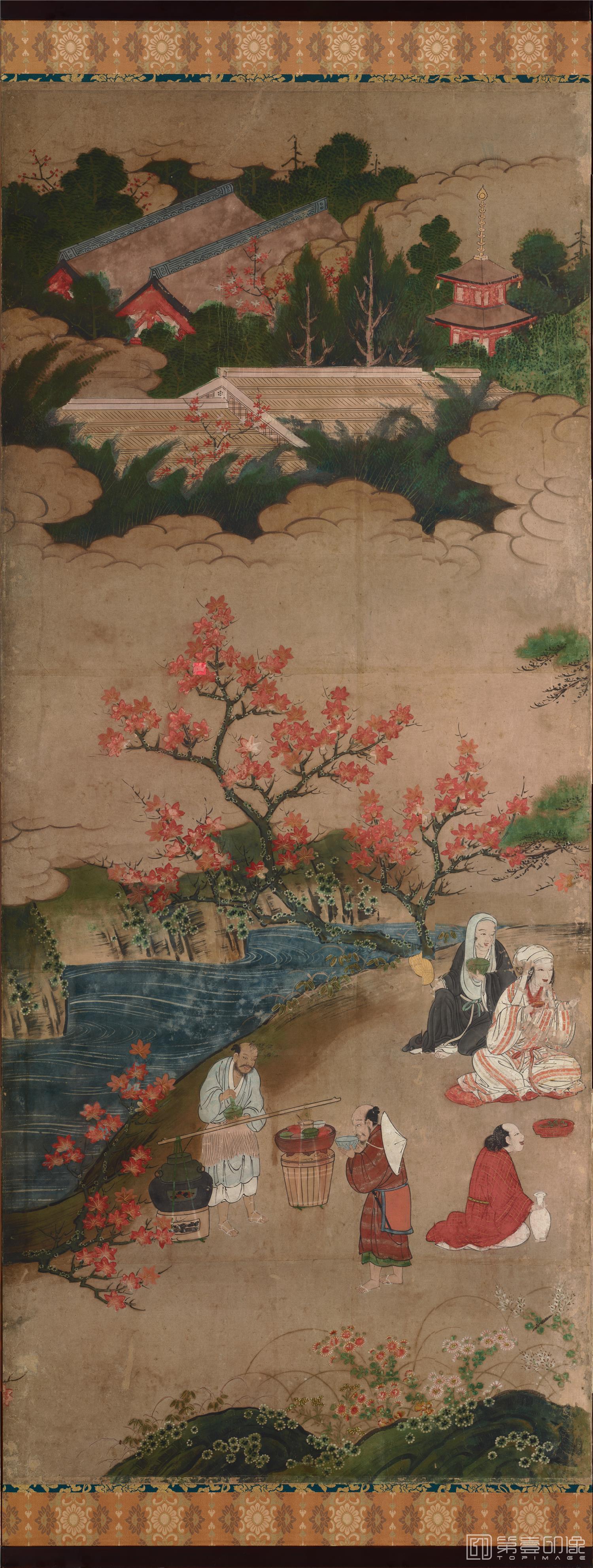 水彩画-日本安土桃山-狩野秀赖-观枫图屏风纸本着色-分屏-150.2×365.5cm-02