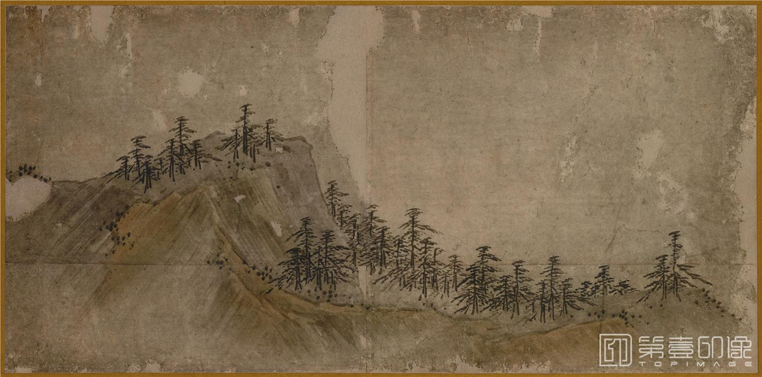 水彩画-日本室町时代-狩野元信-山岳松林图纸本-38.4×78.9cm-02
