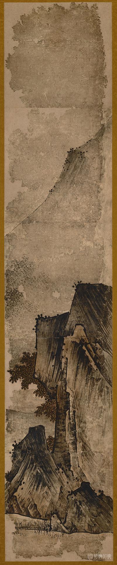 水彩画-日本室町时代-狩野元信-山水图轴纸本-175×34cm-01