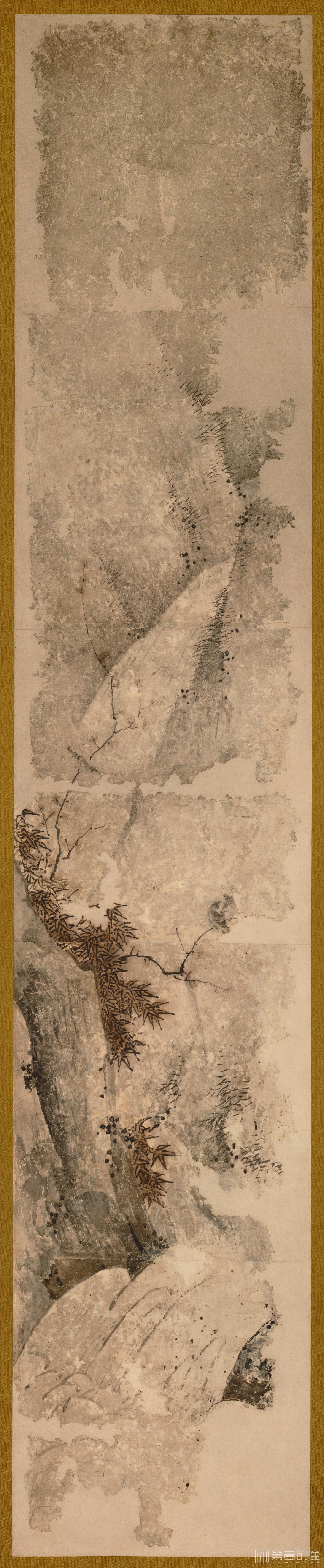 水彩画-日本室町时代-狩野元信-山水图轴纸本-175×34cm-04