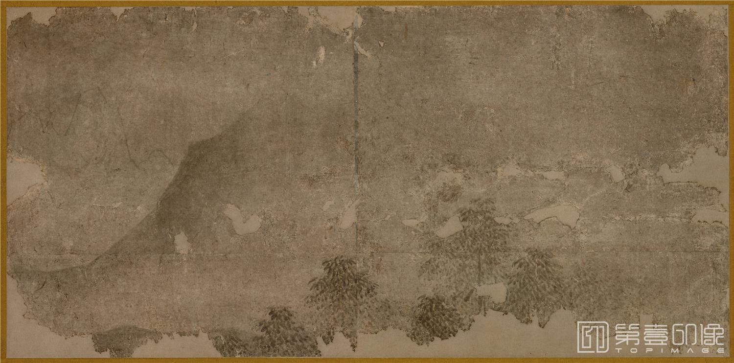 水彩画-日本室町时代-狩野元信-远山杂木图纸本-38.4×78.9cm-01