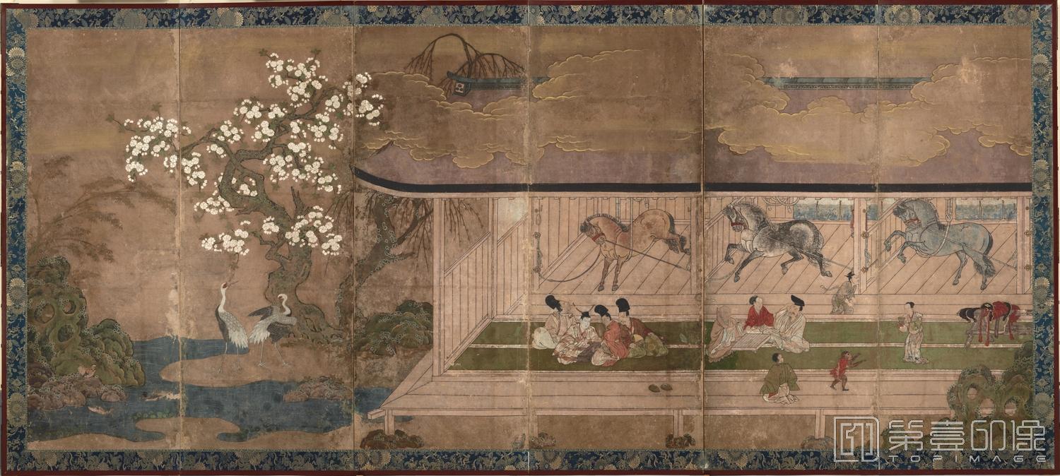 水彩画-日本室町时代-厩图屏风纸本-第一屏-149.6×353.9cm-02