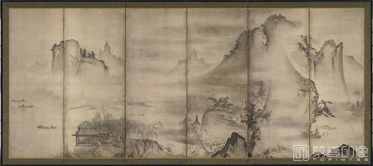水彩画-四季山水图屏风第1屏纸本-150.4×355.4cm