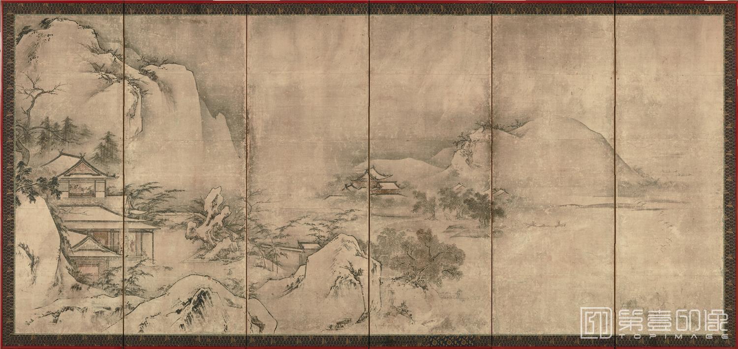 水彩画-四季山水图屏风第3屏纸本-150.4×355.4cm