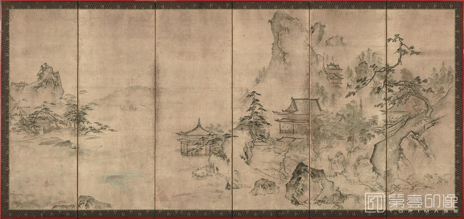 水彩画-四季山水图屏风第4屏纸本-150.4×355.4cm