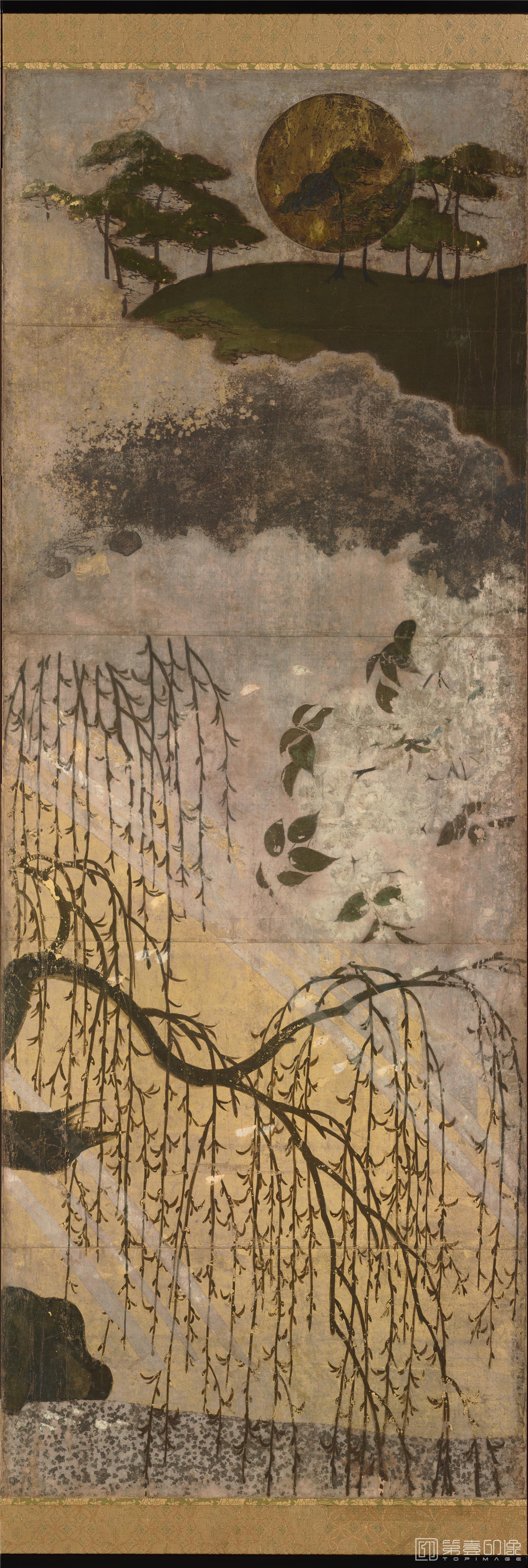水彩画-日本室町时代-日月山水图屏风纸本-148.1×312cm-日分屏-05