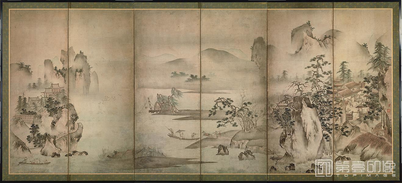 水彩画-日本室町时代-杨月-四季山水图屏风纸本-158.4×367cm-02