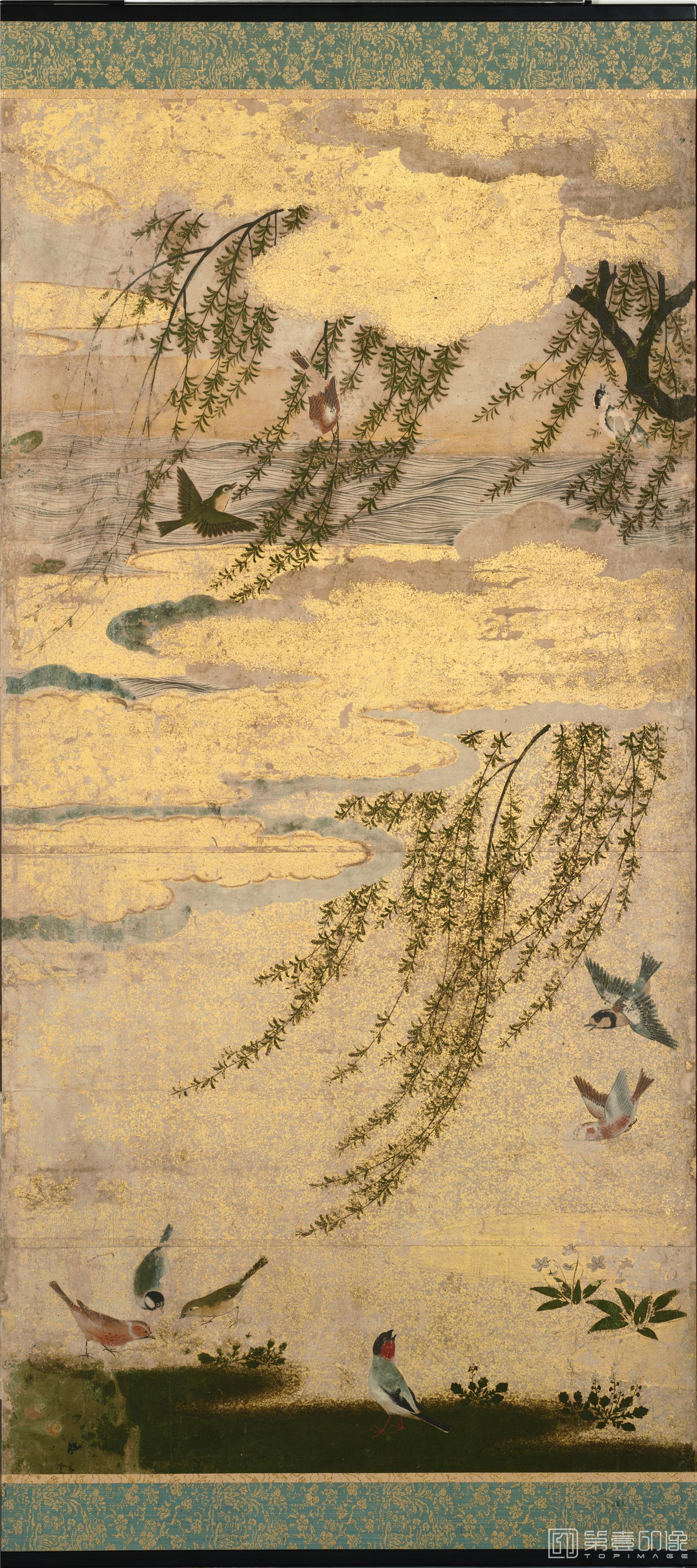 水彩画-日本室町时代-浜松图屏风纸本-106×312cm-第1屏分屏-03