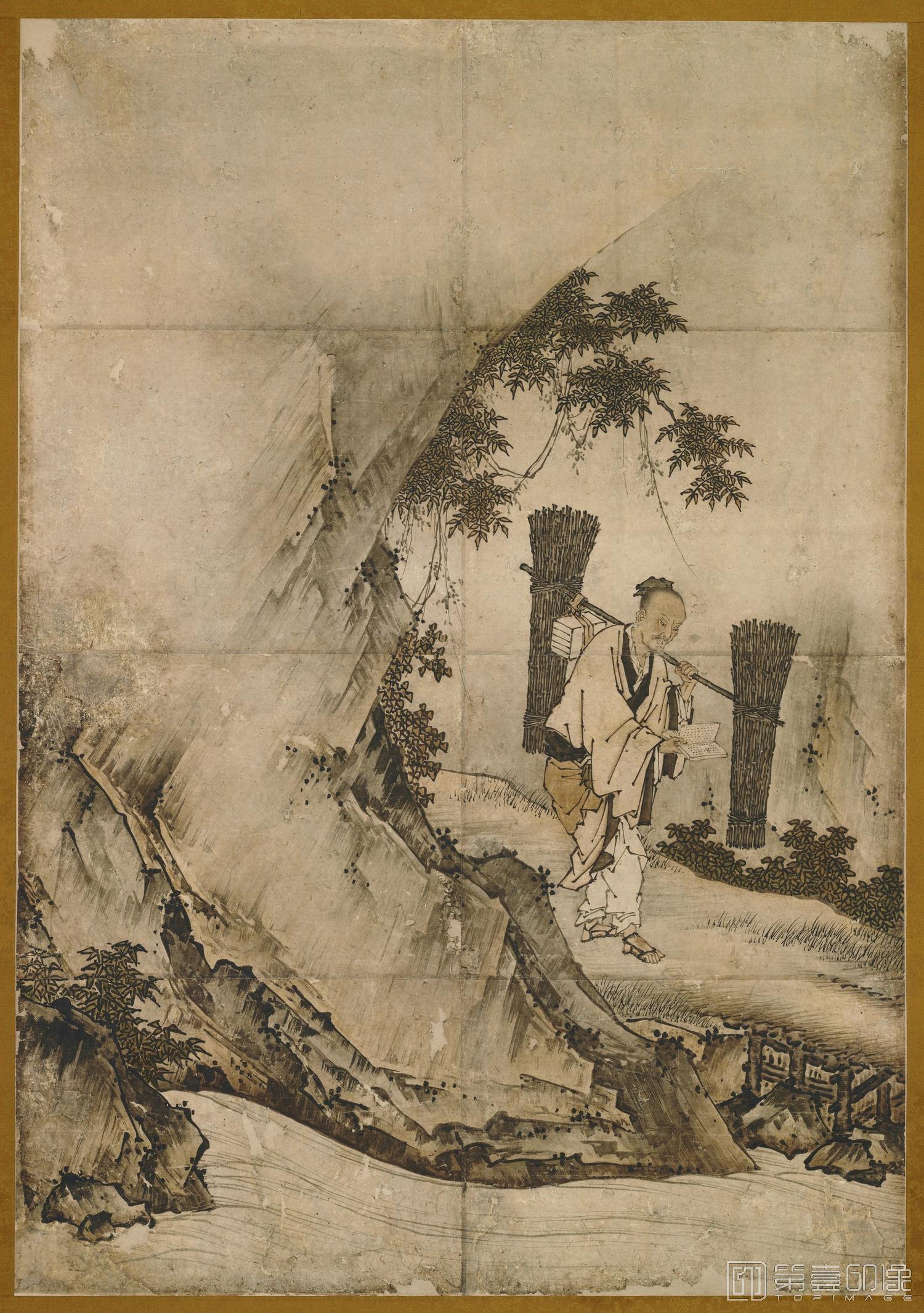 水彩画-日本室町时代-狩野元信-朱买臣图纸本左幅 (东京)-125.7x88.0cm-01