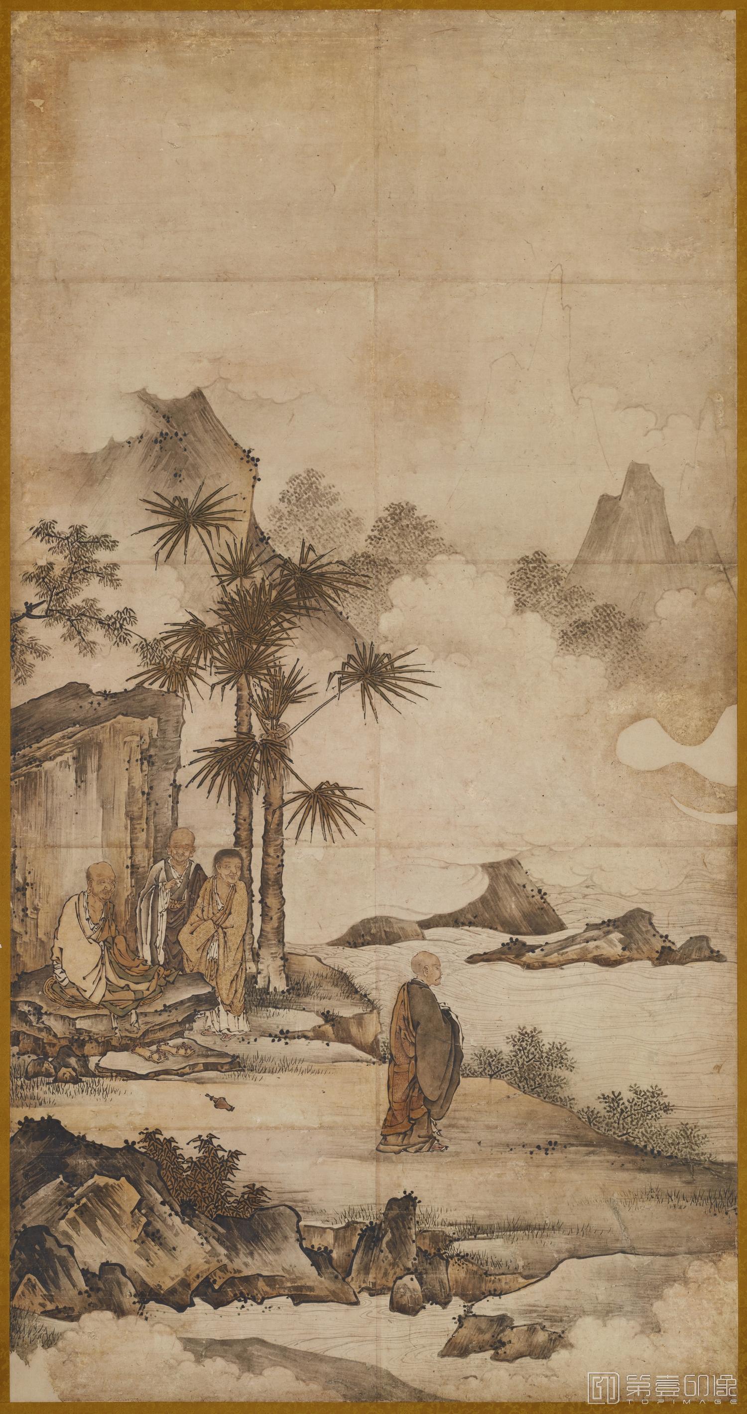 水彩画-日本室町时代-狩野元-祖师沩山踢瓶图轴-176.0×91.8cm-01