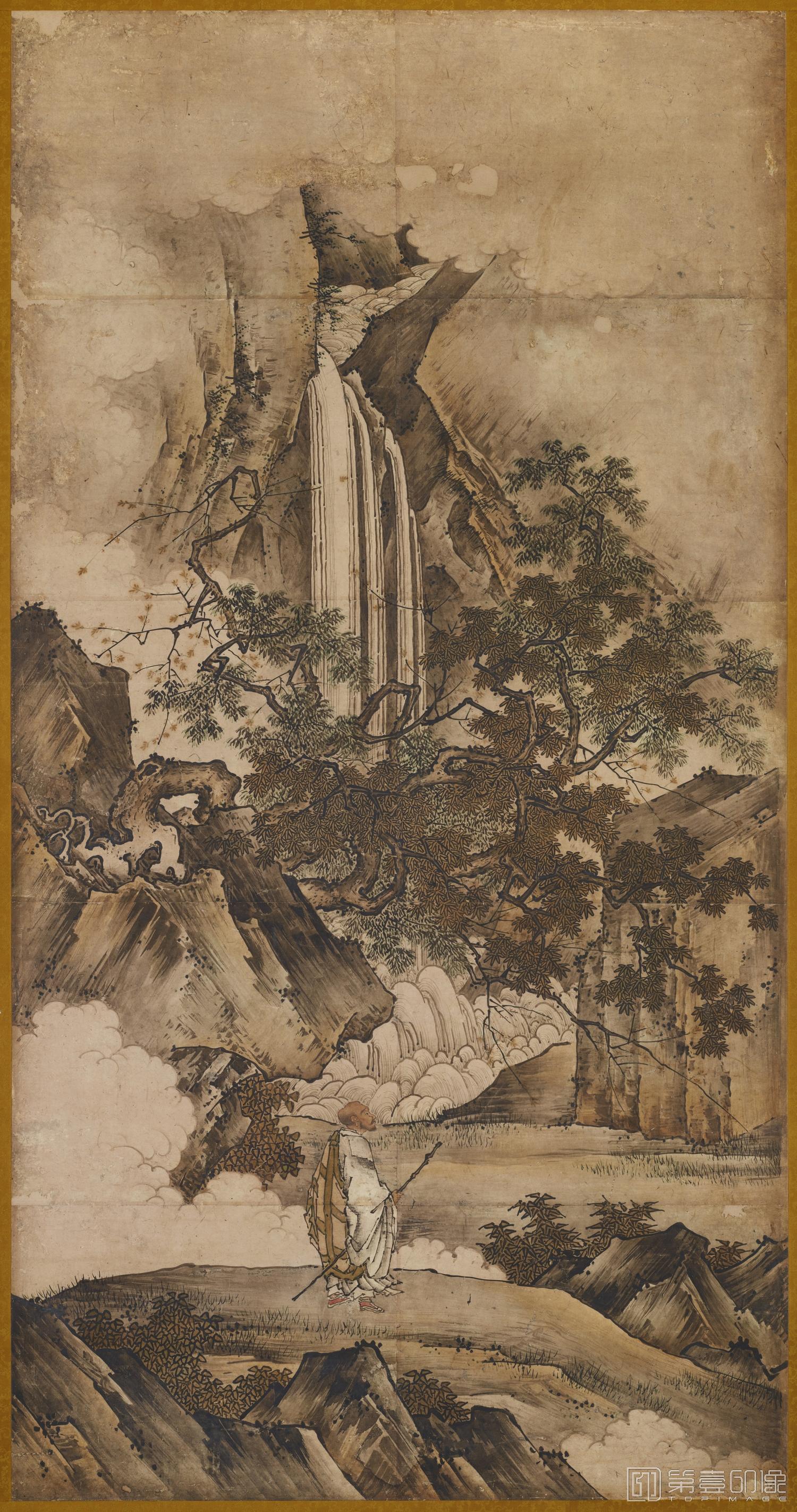 水彩画-日本室町时代-狩野元信-祖师灵云观桃图轴-177.5×138.2cm-01