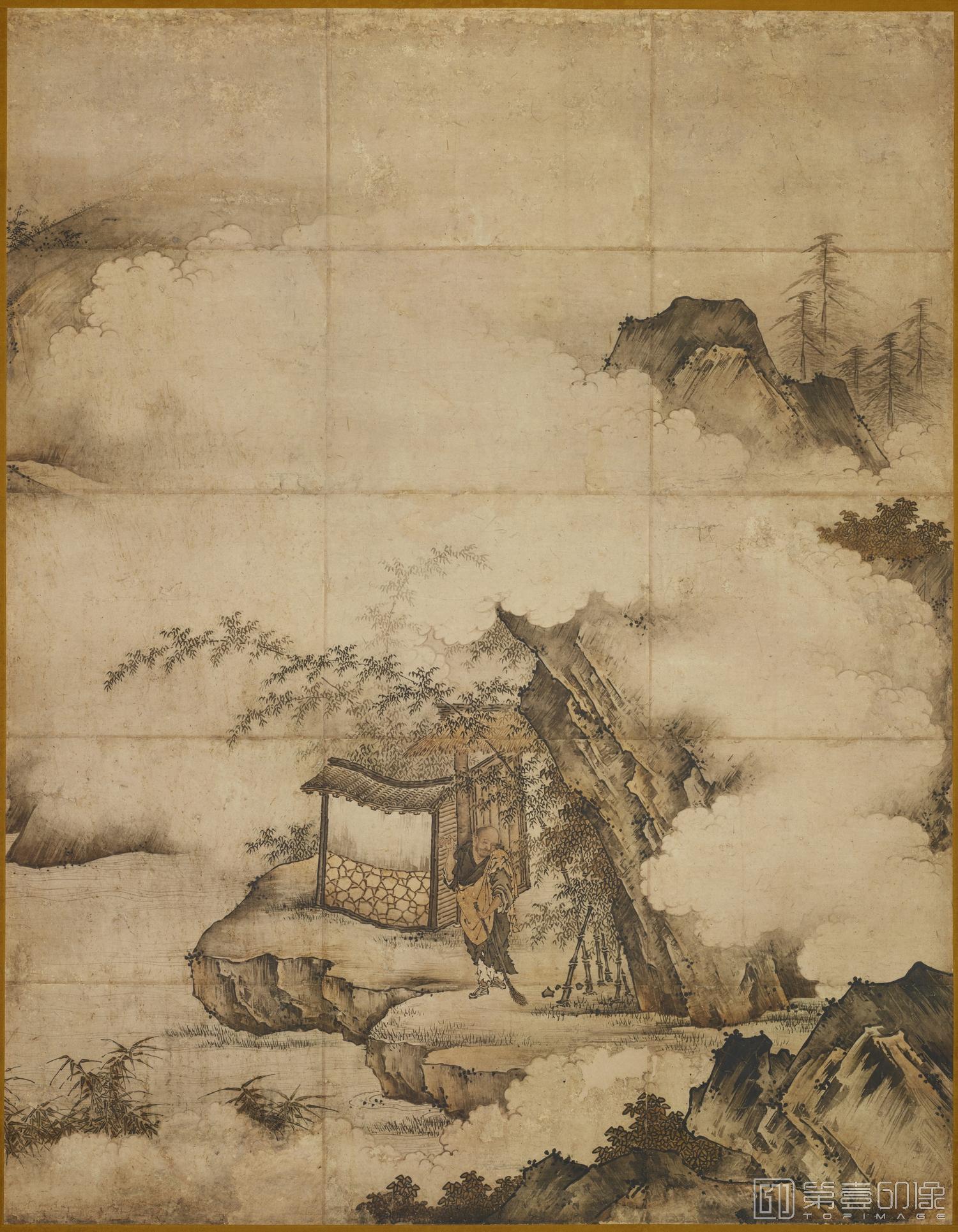 水彩画-日本室町时代-狩野元信-祖师香严击竹图轴-177.5×138.2cm-01