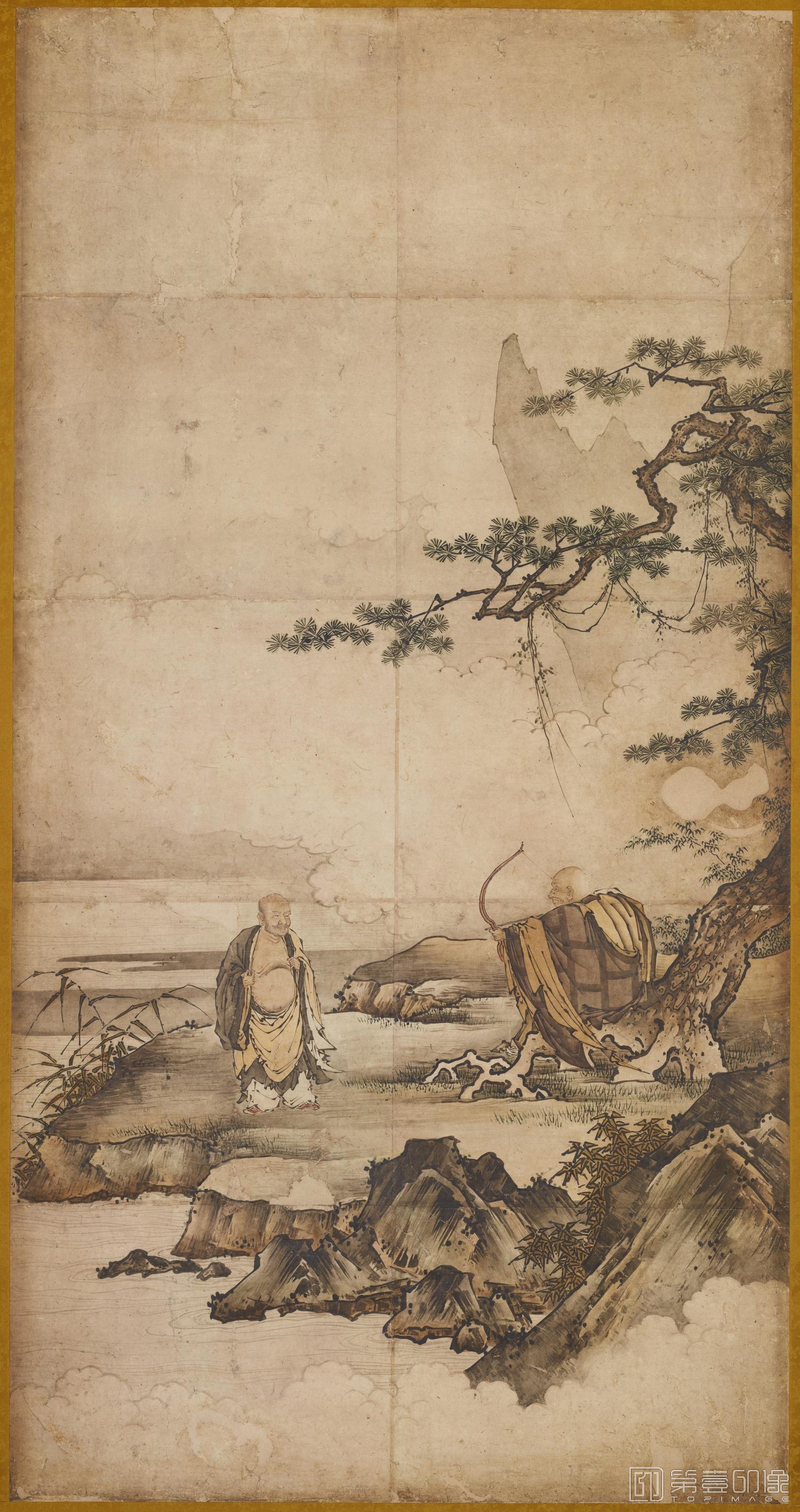 水彩画-日本室町时代-狩野元信-祖师石巩张弓图轴-176.0×91.8cm-02