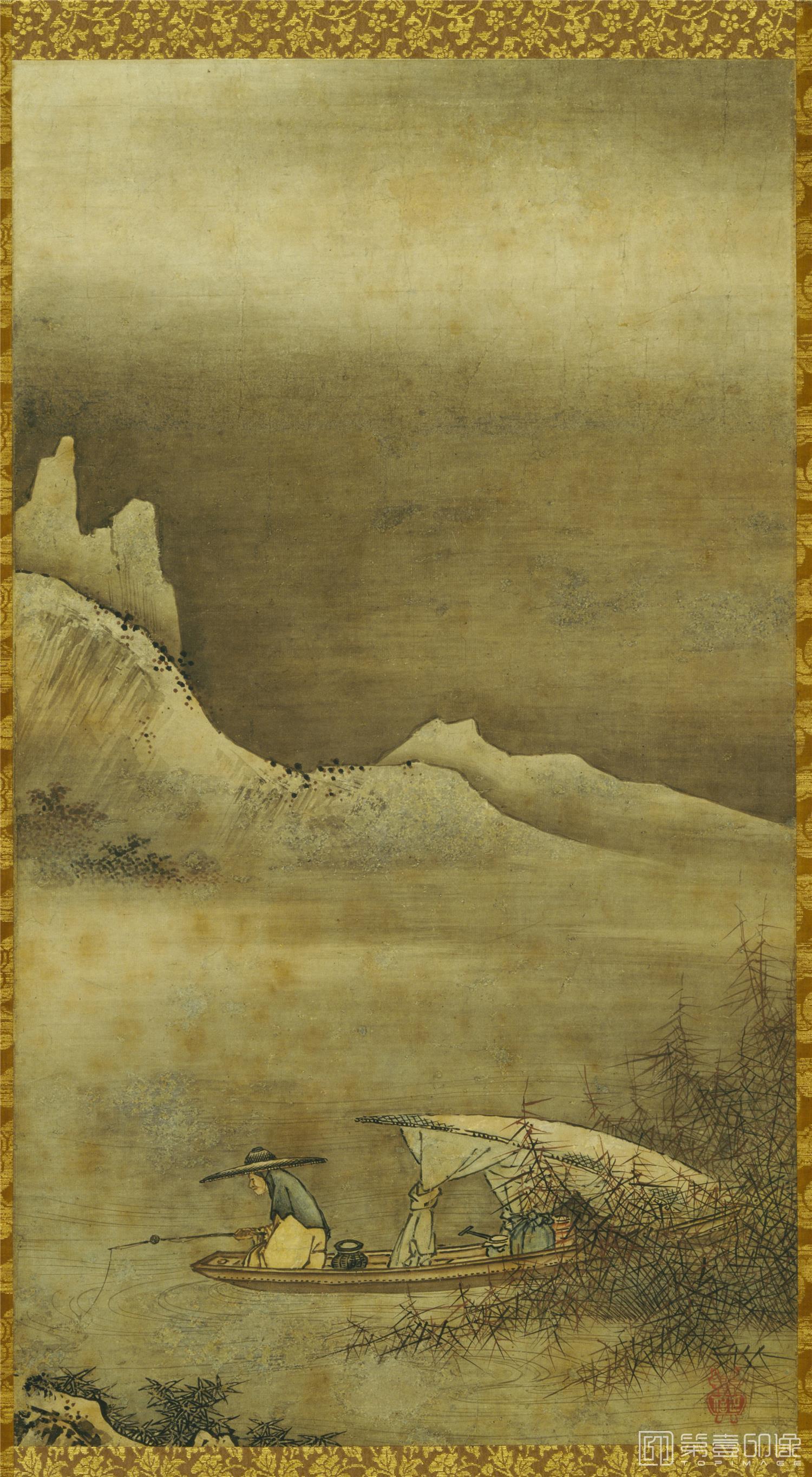 水彩画-日本室町时代-狩野正信-山水图-寒江独钓-69.0×38.8cm-02