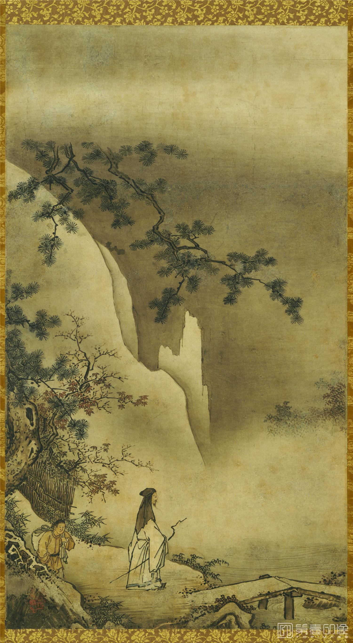 水彩画-日本室町时代-狩野正信-山水图-高士探梅-69.0×38.8cm-01