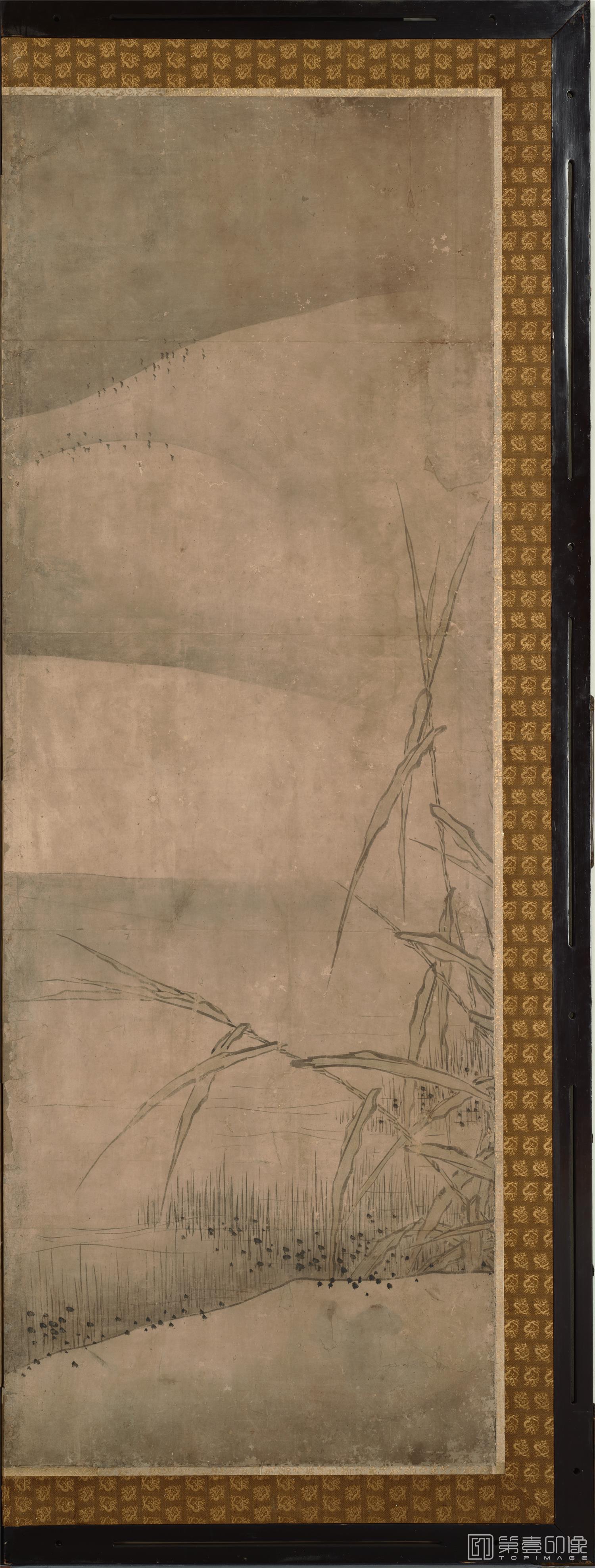 水彩画-日本室町时代-雪舟-四季花鸟图屏风纸本 (东京)-151×351cm-一屏分-01