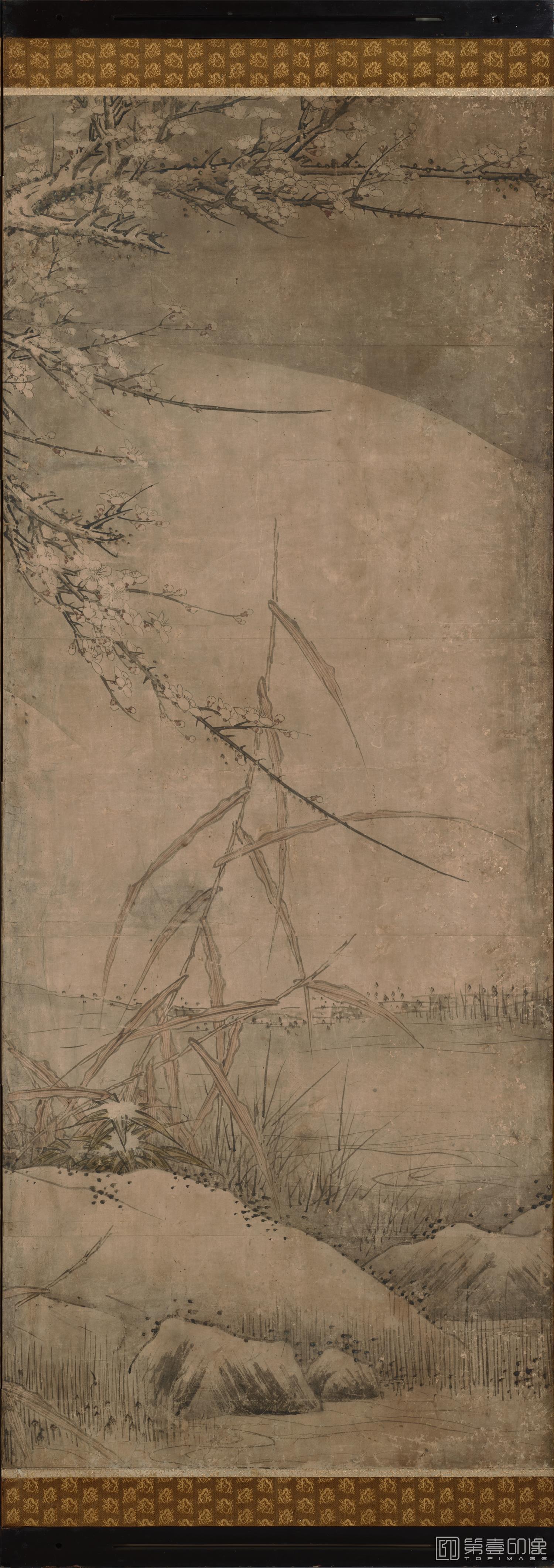 水彩画-日本室町时代-雪舟-四季花鸟图屏风纸本 (东京)-151×351cm-一屏分-03