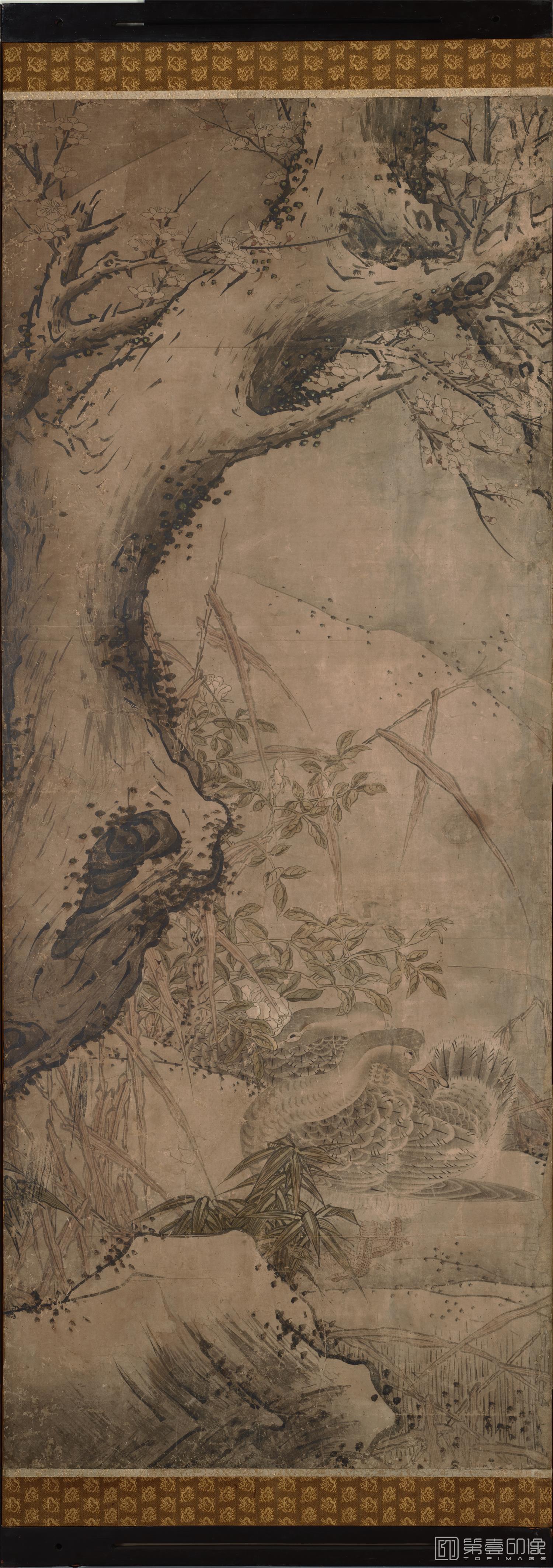 水彩画-日本室町时代-雪舟-四季花鸟图屏风纸本 (东京)-151×351cm-一屏分-04