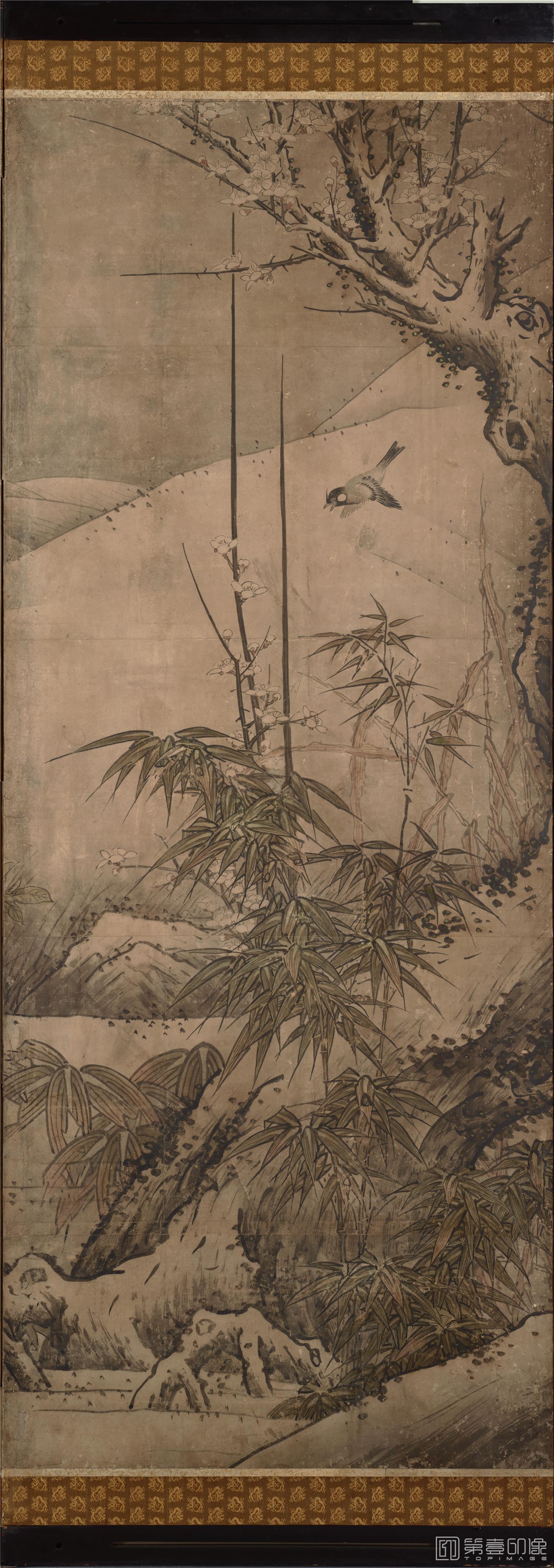 水彩画-日本室町时代-雪舟-四季花鸟图屏风纸本 (东京)-151×351cm-一屏分-05