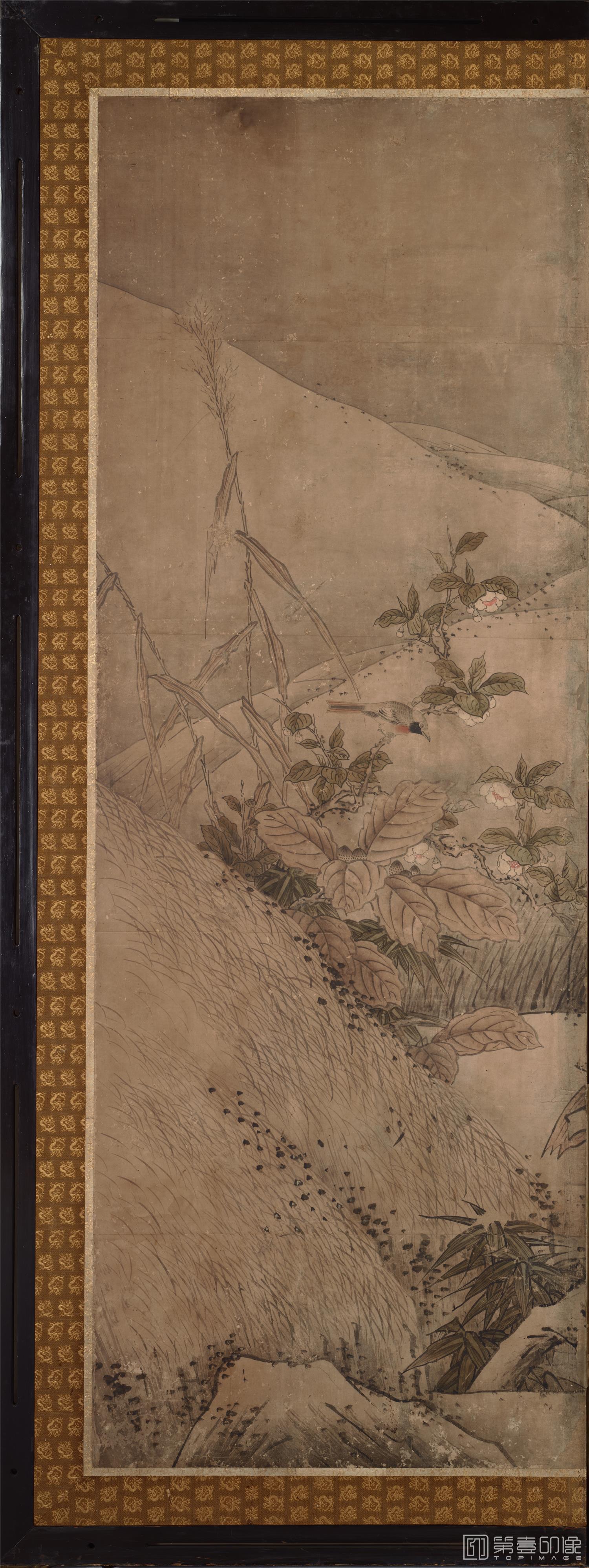 水彩画-日本室町时代-雪舟-四季花鸟图屏风纸本 (东京)-151×351cm-一屏分-06