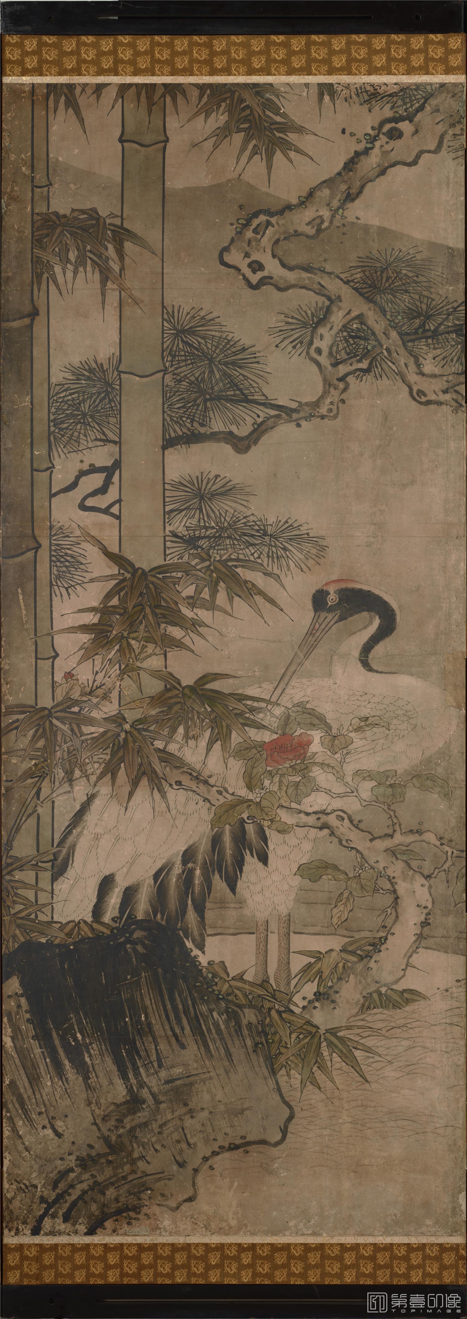 水彩画-日本室町时代-雪舟-四季花鸟图屏风纸本 (东京)151×351cm-二屏分-02