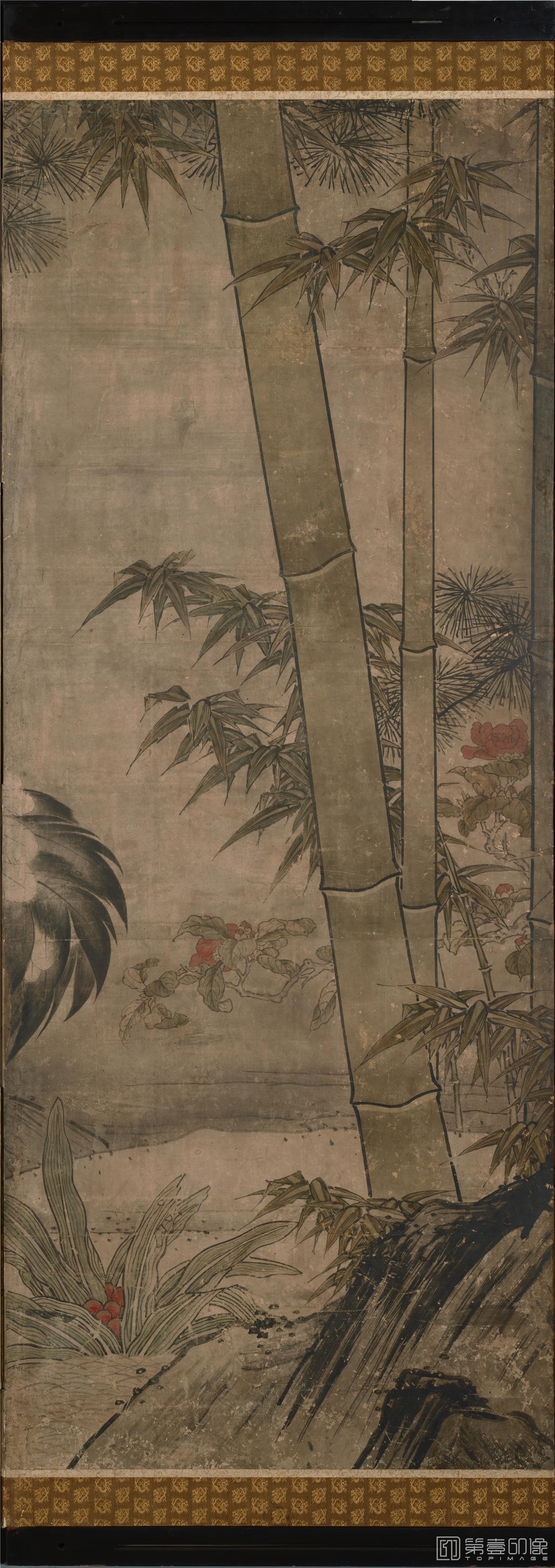 水彩画-日本室町时代-雪舟-四季花鸟图屏风纸本 (东京)151×351cm-二屏分-03